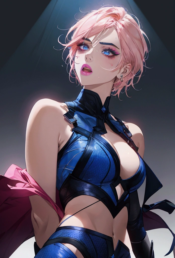 (Canon 50),(Rendered by octane),8k, seducer, symmetrical face, Dramatic cinematic lighting, (very strong blue lighting from behind), (light orange glow on the left side, Dramatic +2, hyper realist, spirited, very sexy pose. 1womanl, detail on the face, Focus on the face, straight short hair, bangss, hyperrealistic eyes, blue color background, highlight on lips that show fissures, lips with pink lipstick, half-open mouth showing part of the tooth. Black lined eye makeup. 