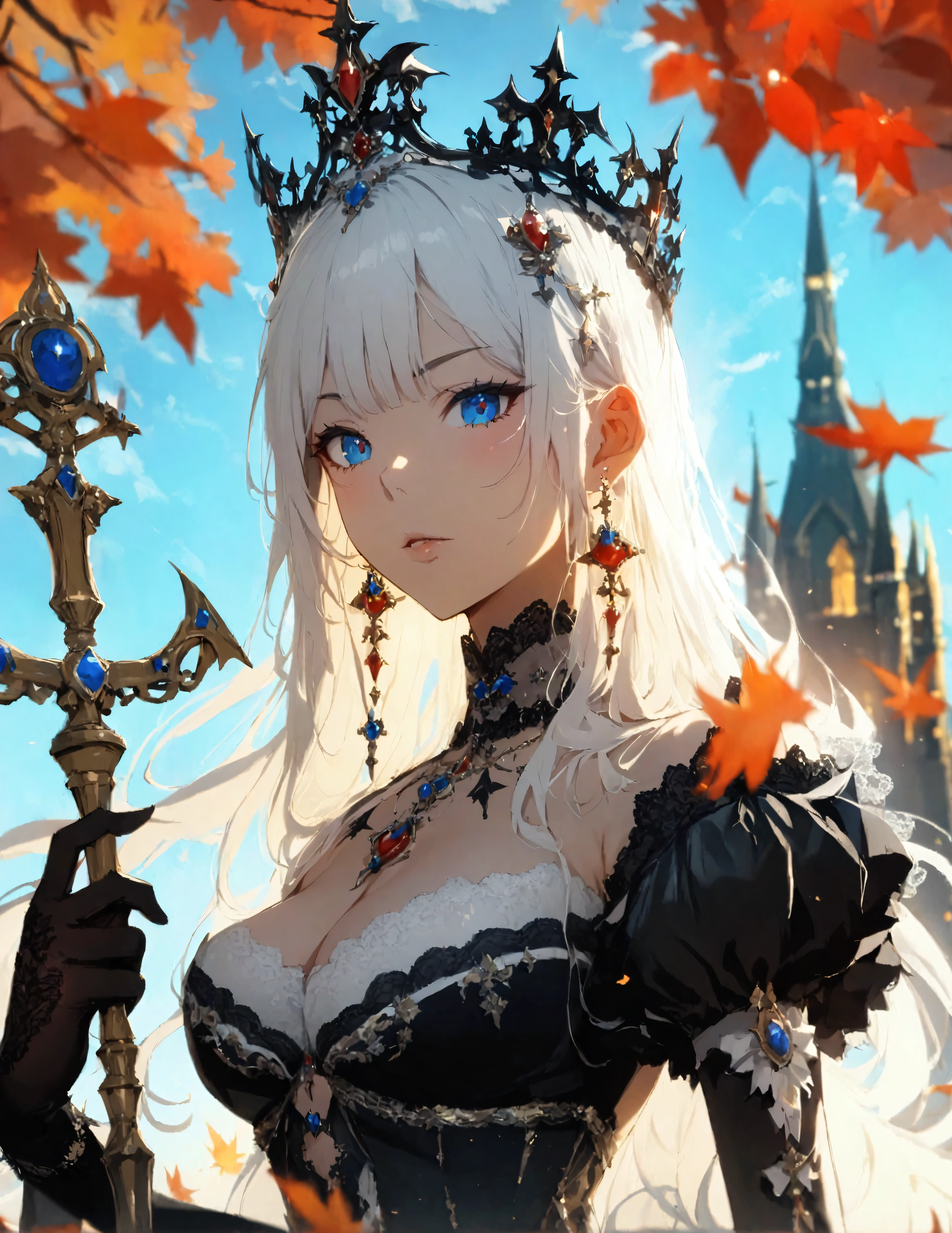 1girl, beautiful vampire Queen, sapphire blue eyes, sparkling eyes, blush, alabaster white hair, extremely long hair, wavy hair, black and white extravagant lace dress, (extravagant dress with intricate embellishments), long velvet gloves, (big cross earrings), jeweled gleaming diadem, cleavage, commanding pose, holding magic scepter with bat-shaped crystal on top, swarm of bats around the Queen, looking at viewer, (low angle shot), autumn leaves, (mist), red moon, silhouettes of Gothic towers in the distance, dramatic lighting, soft shadow, masterpiece, best quality, safe, SFW, very aesthetic, absurdres, highres