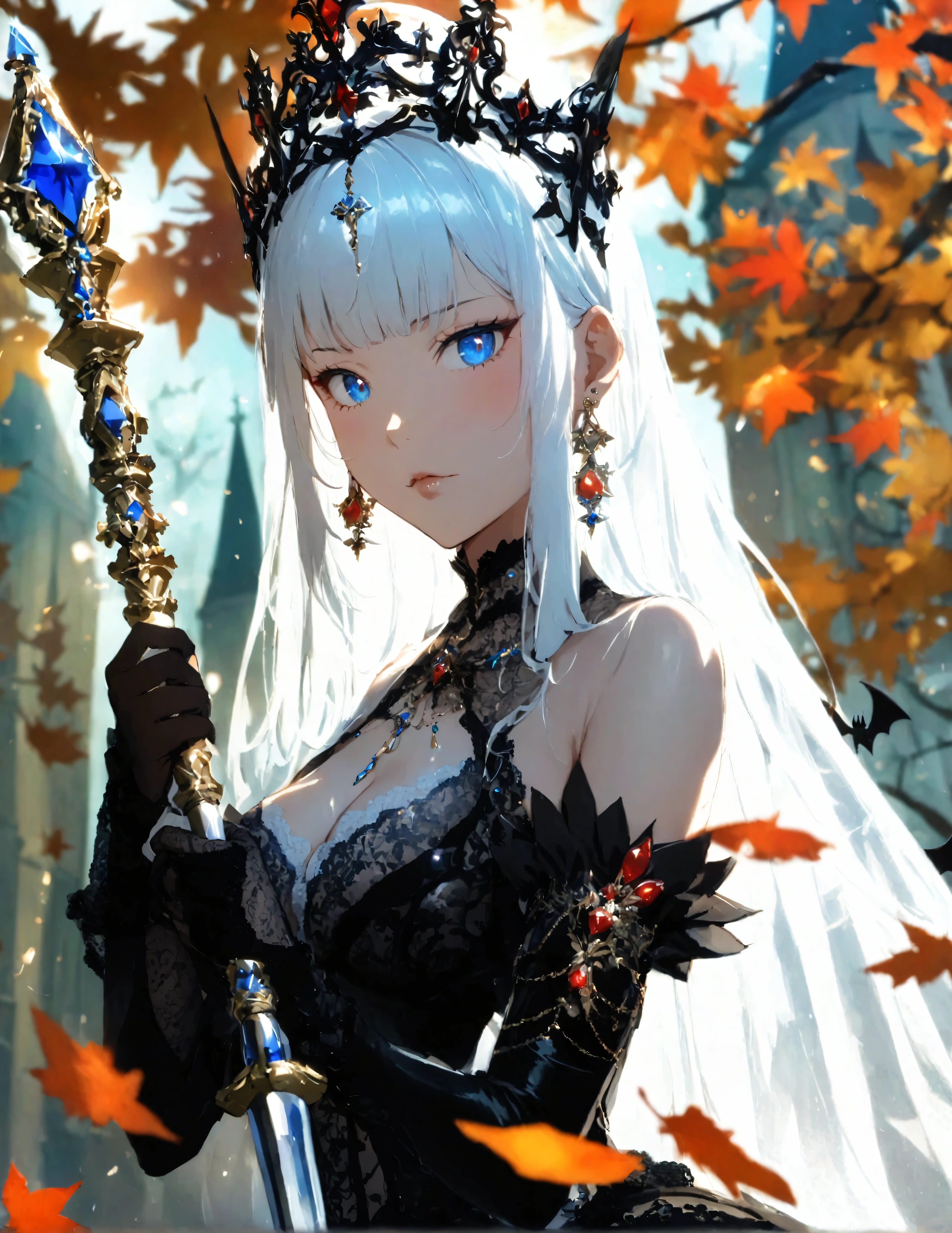 1girl, beautiful vampire Queen, sapphire blue eyes, sparkling eyes, blush, alabaster white hair, extremely long hair, wavy hair, black and white extravagant lace dress, (extravagant dress with intricate embellishments), long velvet gloves, (big cross earrings), jeweled gleaming diadem, cleavage, commanding pose, holding magic scepter with bat-shaped crystal on top, swarm of bats around the Queen, looking at viewer, (low angle shot), autumn leaves, (mist), red moon, silhouettes of Gothic towers in the distance, dramatic lighting, soft shadow, masterpiece, best quality, safe, SFW, very aesthetic, absurdres, highres