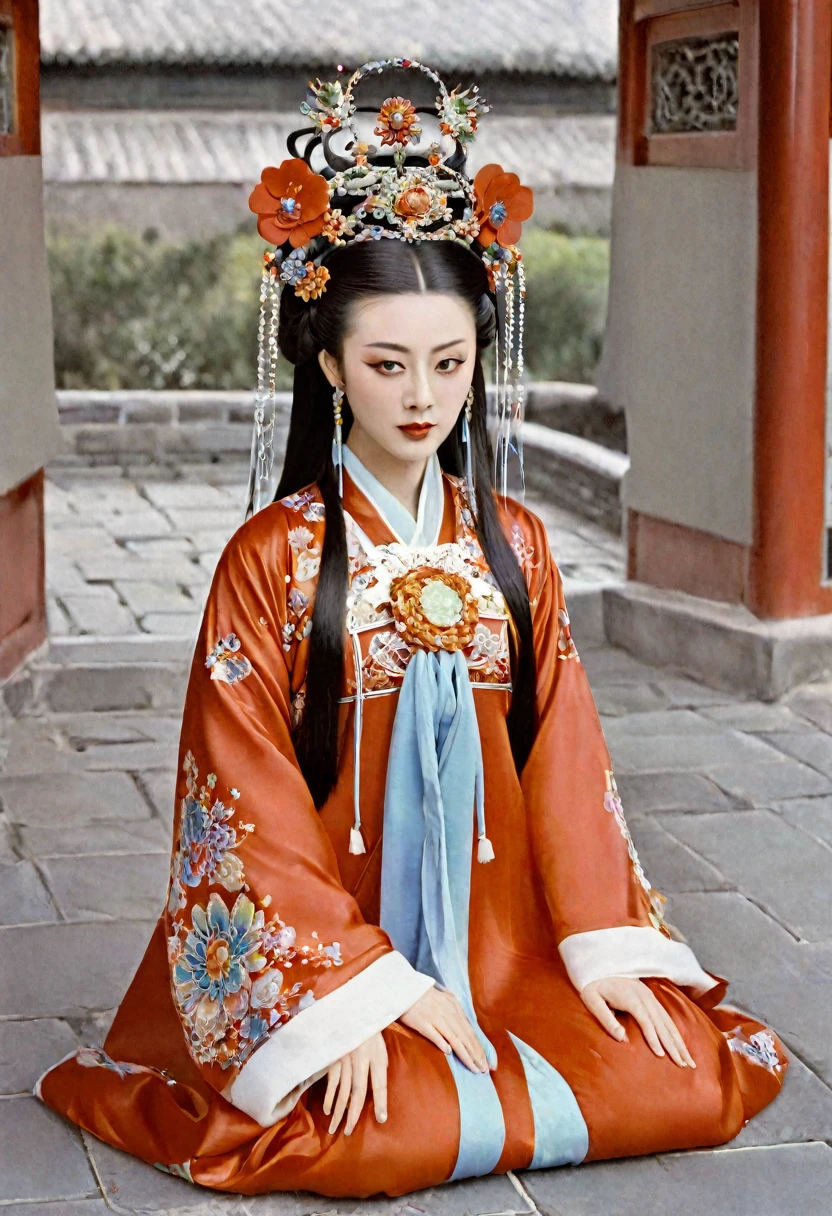 Qing Dynasty Empress in Chinese Imperial Court Playing with her pubic hair Qing Dynasty Empress Chinese Empress Wearing a Large Crown Her hair is decorated with a large flower and a large crown
Her hair is tied up and pulled up. The background is the stone paving outside the Qing Dynasty.
