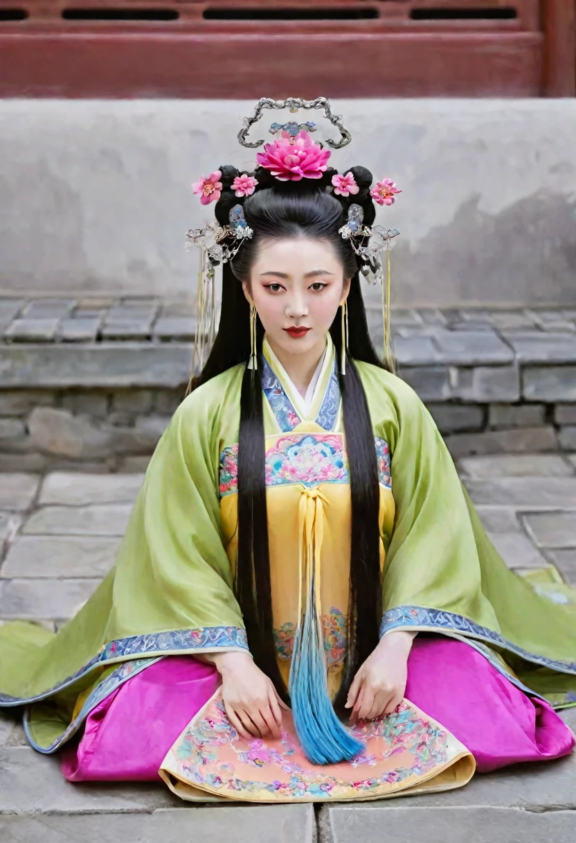 Qing Dynasty Empress in Chinese Imperial Court Playing with her pubic hair Qing Dynasty Empress Chinese Empress Wearing a Large Crown Her hair is decorated with a large flower and a large crown
Her hair is tied up and pulled up. The background is the stone paving outside the Qing Dynasty.