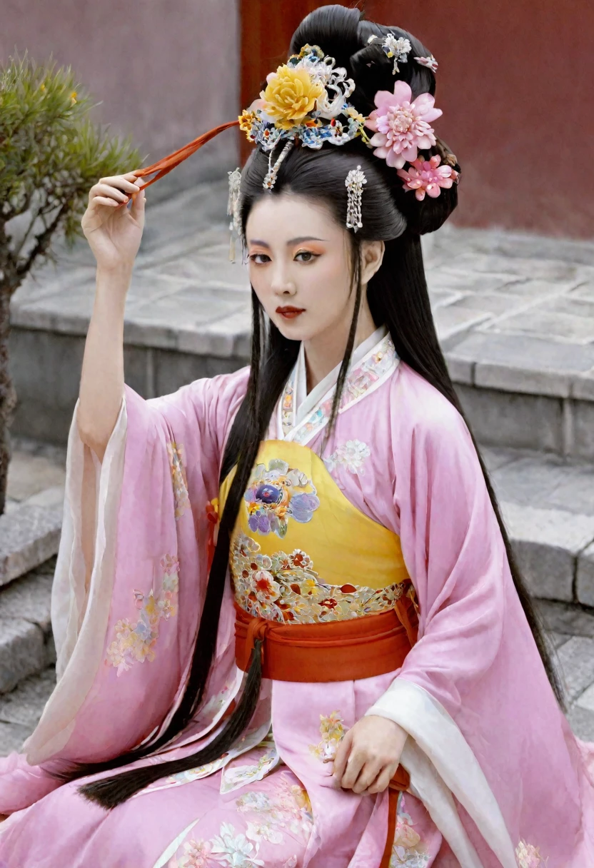 Qing Dynasty Empress in Chinese Imperial Court Playing with her pubic hair Qing Dynasty Empress Chinese Empress Wearing a Large Crown Her hair is decorated with a large flower and a large crown
Her hair is tied up and pulled up. The background is the stone paving outside the Qing Dynasty.