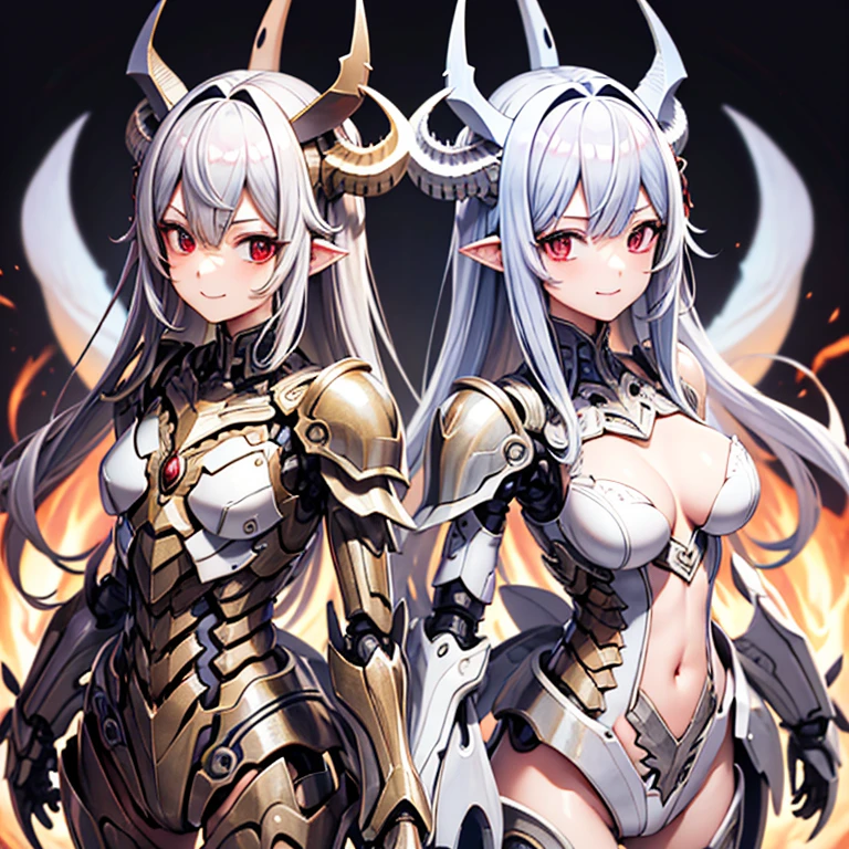 chest, High resolution, Gaze, smile, Shortcuts, bangs, Red eyes, Headpiece, 目の間のbangs, Headband, Horns of the beast, Multiview, Decorative art, masterpiece, accurate, Anatomically correct, 最high quality, High resolution, High detail, High-resolution model, high quality, Very detailed, Grey Hair, Silver Hair, 交差するbangs, chest, Hide your ears, Open your mouth a little, tooth, Smiling with teeth showing, Slanted Eyes, Character portrait, Setting diagram, Status Table, bonus, Character Design画, Headband, Mole at the corner of the mouth, Feather Hair Accessories, Drop Shadow, 8k octane, anime, anime風, Character Design, Brown skin、Bone wings on the back、Muscle Exposure、Shoulder Bare、Mechanical limbs、
