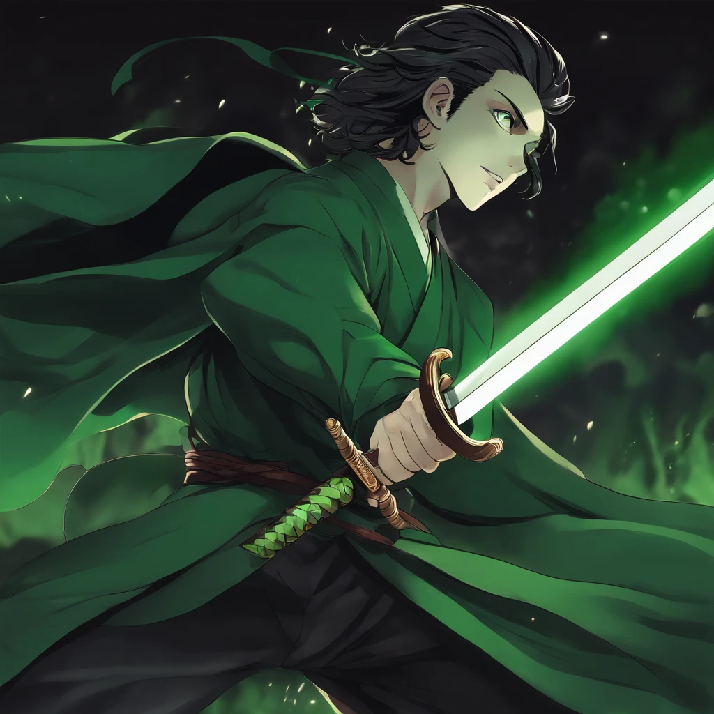 One guy, Kimetsu no Yaiba, katana, toxic breathing style, green clothes, green eyes, sword slash, green sword aura, night backround, fixed arms, detailed arms, detailed katana, human version, toxic aura swing, clip, anime scene, movement capture, mascular body, fighting scene, mad face, green aura 