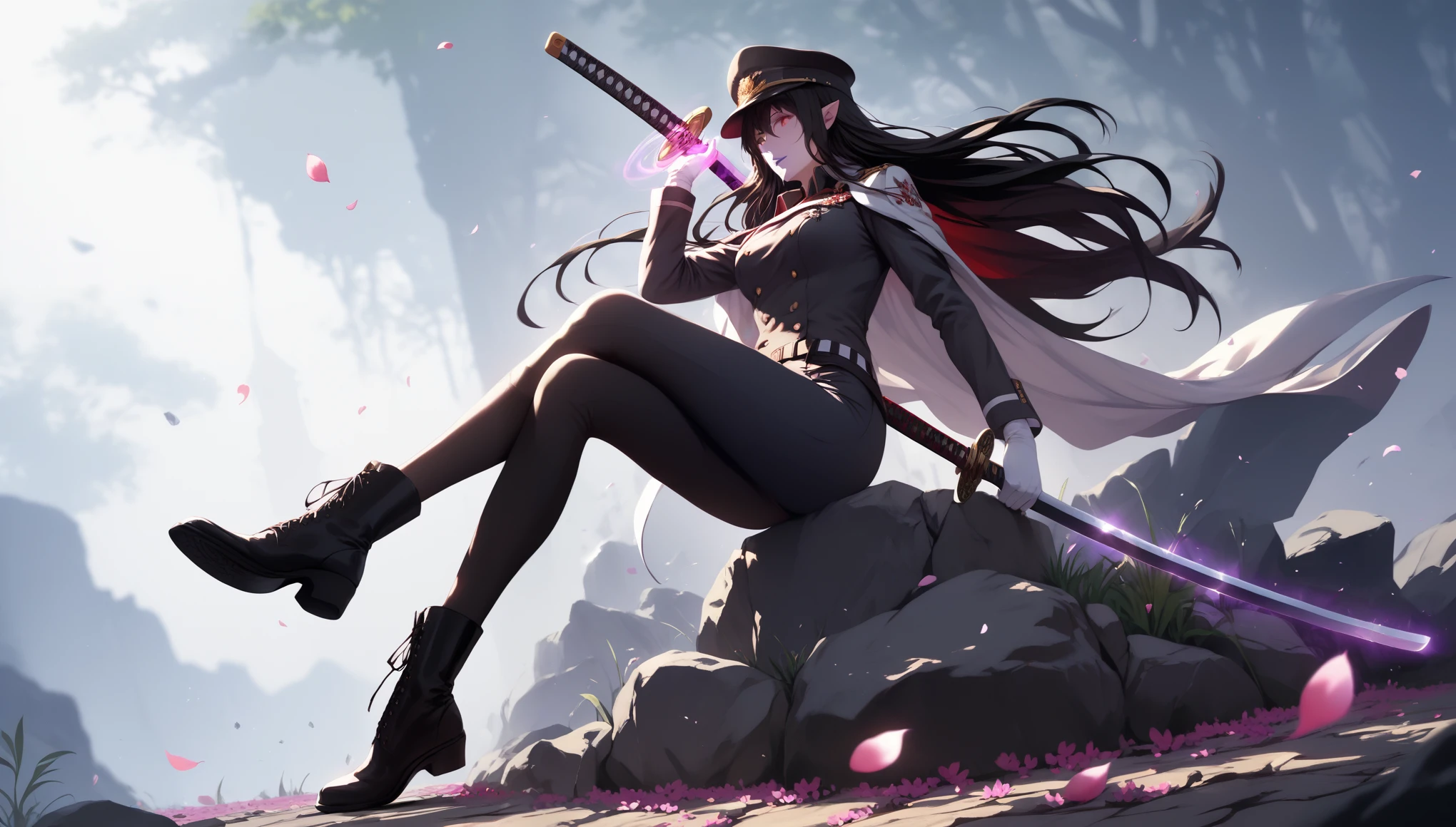 (hews art style:0.7), (asura art style:0.7), score_9, score_8_up, score_7_up, score_6_up, score_5_up, score_4_up, uncensored, black hair, red eyes, purple lipstick, hair between eyes, long hair, short pointy ears, pale skin, BREAK (masterpiece:1.2), best quality, high resolution, (detailed eyes:1.3), perfect lighting, (perfect hands, perfect anatomy), hat, jacket, full body, weapon, boots, falling petals, sakura, wall, rock, plant, flower, spotlight, wood, belt, pants, sword, white gloves, cape, black footwear, uniform, military, black headwear, military uniform, buttons, black pants, knee boots, crossed legs, katana, sheath, peaked cap, sheathed, military hat, full body, bokeh, magic, aura, 