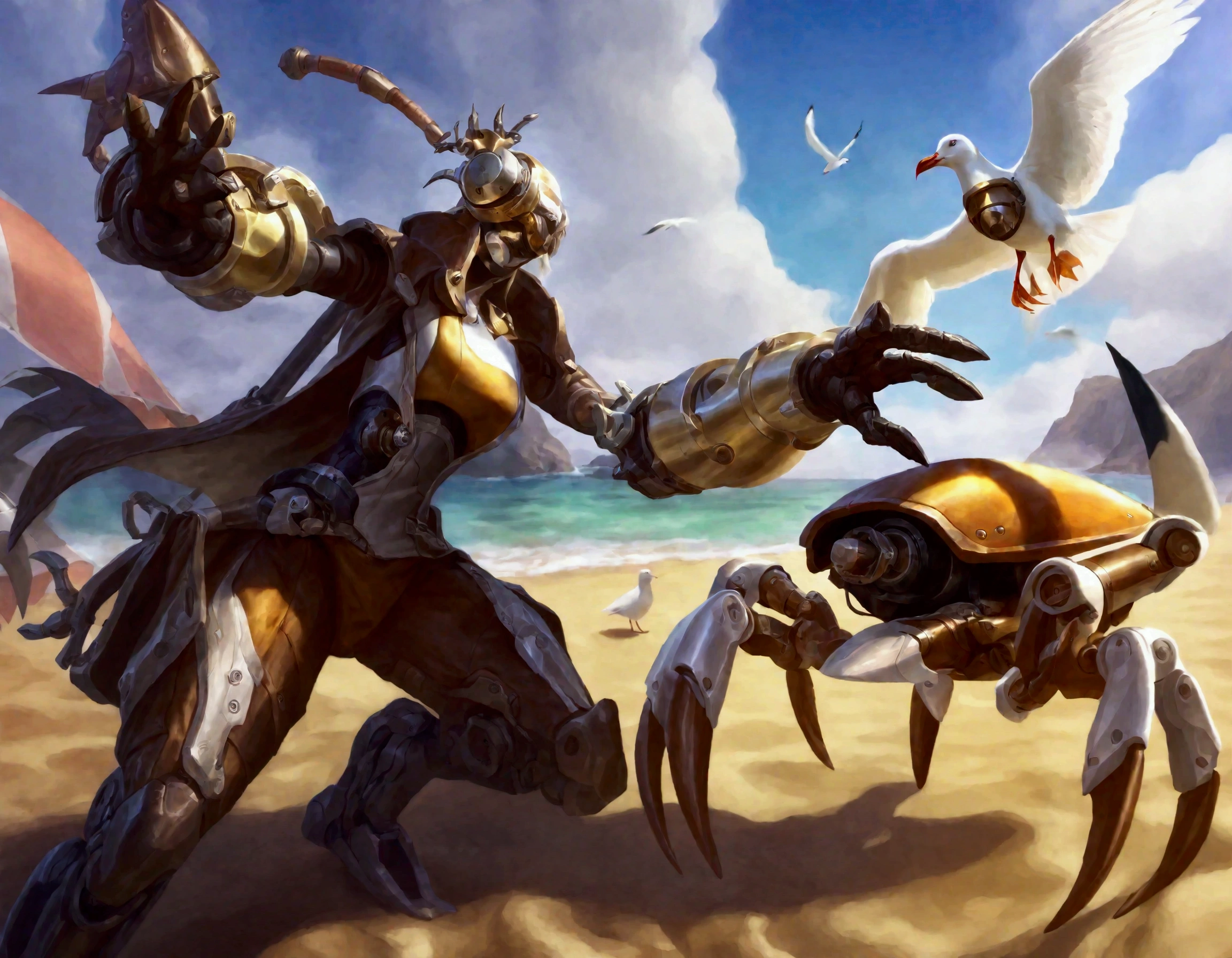 a steam punk crab cyborg does battle with a robotic seagull on the beach