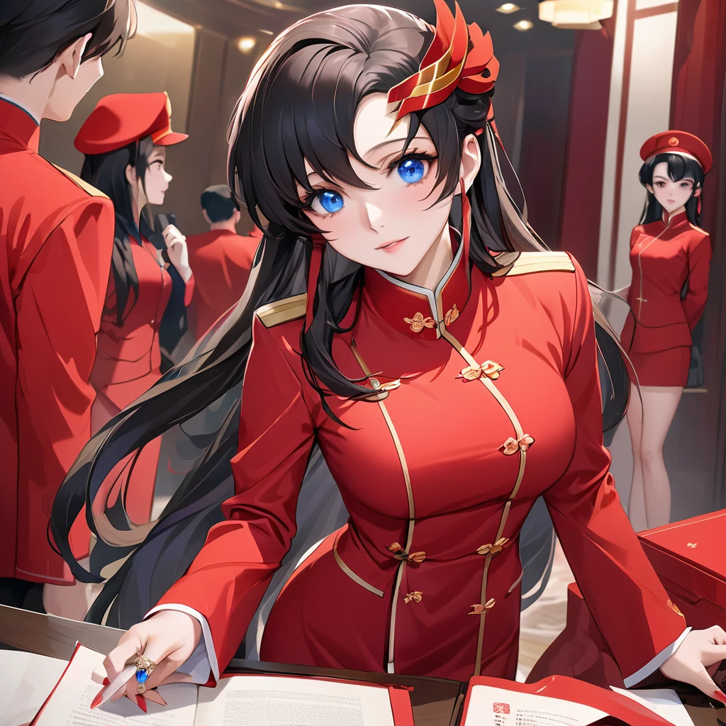 ((Highest quality)), ((masterpiece)), (detailed), （Perfect Face）、The woman is a Chinese Lacus Clyne with blue eyes and medium-long black hair. She is wearing an engagement ring and will become a member of the glorious Chinese Communist Party.、The woman is dressed in the fine attire of a Chinese Communist Party member.、For the sake of China, they dye their hair, hairstyle, clothes, and everything they wear belongs to the Chinese Communist Party, and their thoughts are also Chinese, becoming great Chinese in body and mind.、The woman became Lacus Clyne, a Chinese woman who was proud of and loved China.