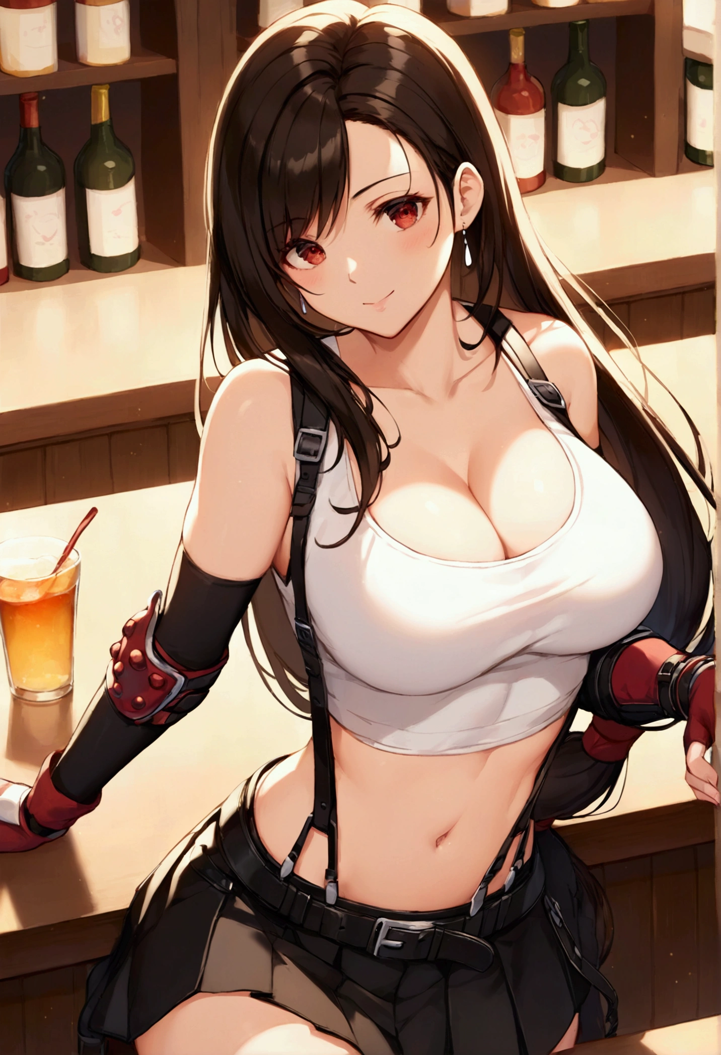 (score_9, score_8_up, score_7_up), BREAK  (masterpeace),(best quality),(aesthetic,very aesthetic),(highly detailed),nsfw.1girl, tifa lockhart, final fantasy,(beautiful). black hair, low-tied long hair, red eyes, bangs, white tank top,gap, belt, pleated skirt, thighhighs, elbow fingerless gloves, elbow pads, midriff, navel,suspender skirt.zettai ryouiki,(large_breasts:1.3),Solo,upperbody,looking at viewer,  vibrant, joyful,cafe and bar,(Emphasize the cleavage),hands on counter,Showcasing cleavage:1.3 ,counter,straight-on,breast focus,from feet,dynamic angle,professional lighting,cinematic lighting,shirtUp,