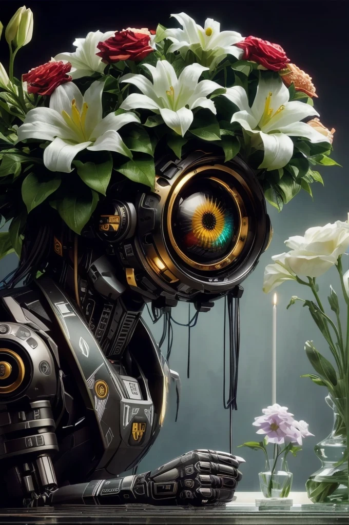 There&#39;s a robot with a flower and a laptop on its head., Highly detailed digital art in 4K, Mechanical plant cyborg, Many mecha flowers, humanoids overgrown with flowers, Kind cyborg girl holding flowers, Realistic Digital Art 4K, Realistic Digital Art 4K, 4K Detailed Digital Art, 4k surrealism, 3D Digital Art 4K