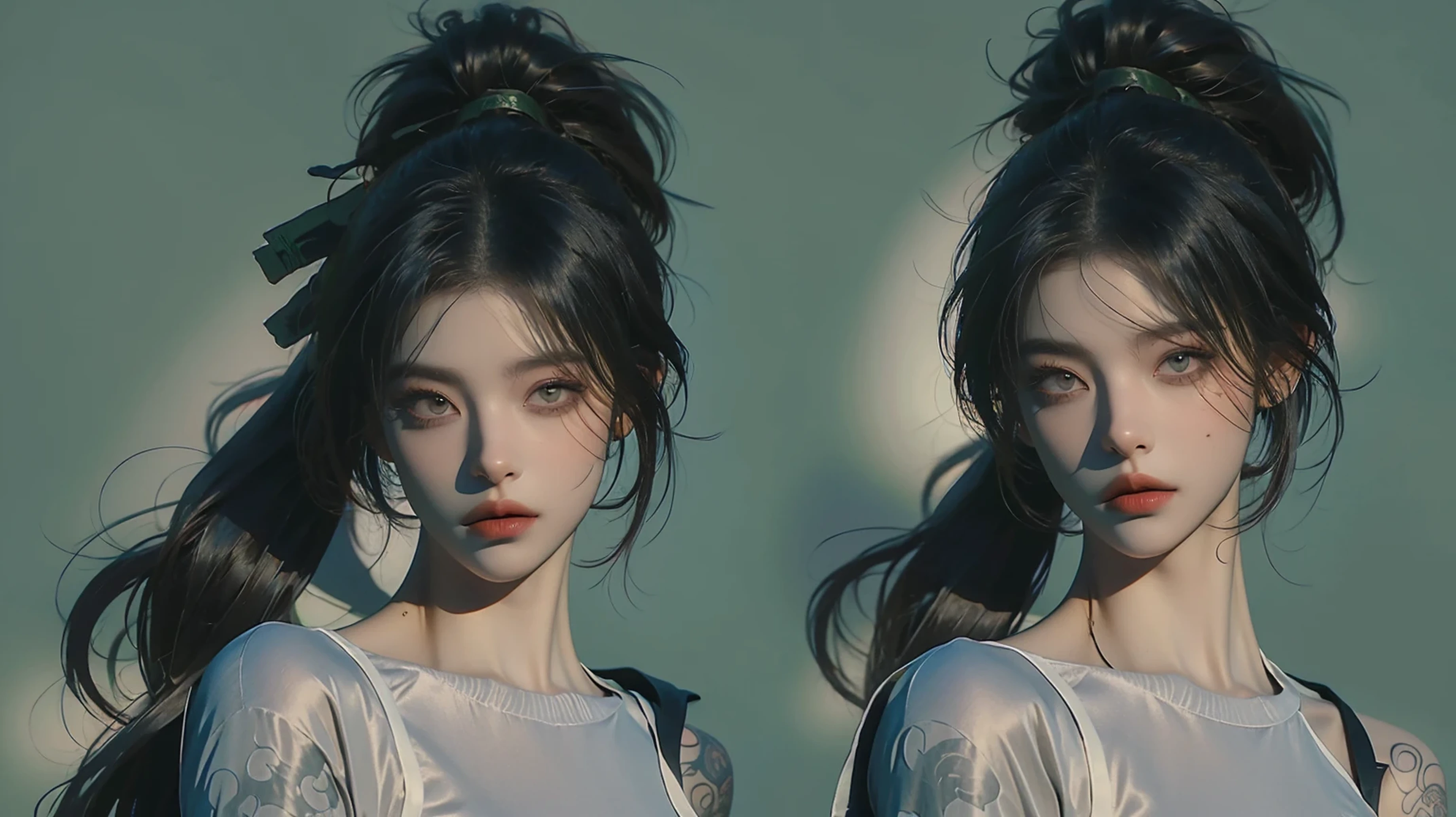 A girl,lifelike, high resolution,League of Legends,Akali,High Ponytail,high resolution,raw picture,Shoulder tattoo,Rich background,game design,filter,dark void,Hollow,Light and Shadow Art,texture,wallpaper,Character details HD,Model Effect。Background forest,War wind。