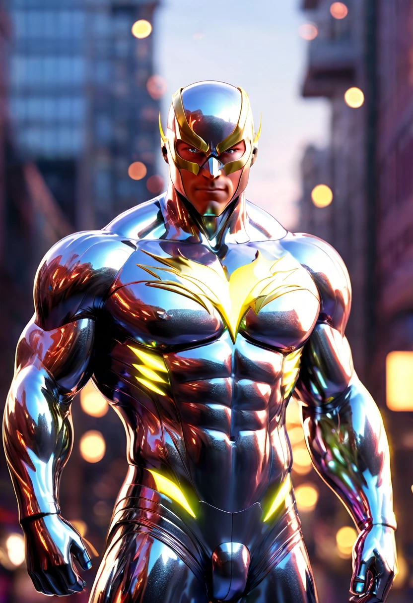 (mid_shot:1.3),(1 male:1.2),(muscle man:1.1),(frontal illumination:1.2),with a silver body and glitters with lights above,extreme iridescent reflection,in the style of vray tracing,vibrantmanga,shiny/ glossy,rococo pastel,fluid form,tinycore,fluid impressions,vray,machine aesthetics,yanjun cheng,silver,shiny eyes,fluidform.,the young warrior,male characteristics, heroic stance,striking contrast,energy crackling,superhuman speed,heroic proportions,red and yellow lightning effects,explosive background,cityscape at night,energetic aura.