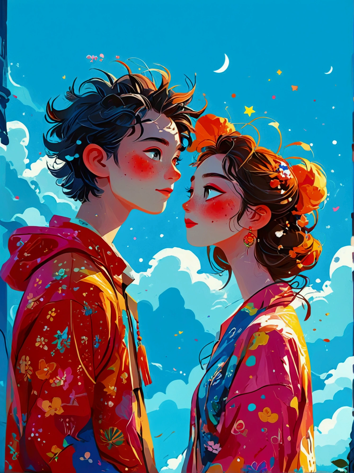 (8k，Bright colors，Bright，Ultra high saturation，rgb, Colorful), Cartoon, Character Design, Surreal photos，Matt Boles&#39; comics，Simple，clean，soft，Exquisite，Summer Night，The deep blue sky is dotted with stars，A couple taking photos close up，Many pedestrians around，The background is the city landmark Beijing，full of romantic atmosphere，Detailed clouds and sky，Sense of space，White space，interesting，Innocence，Psychedelic Art，可爱的Q版Cartoon风格，Simple的背景，Colorful illustrations, Bright colors, Full body image, HD, High-resolution images in a Q-version style, Vector illustration, vivid color, Colorful whimsy, Angle from above, Chinese traditional minimalism 
