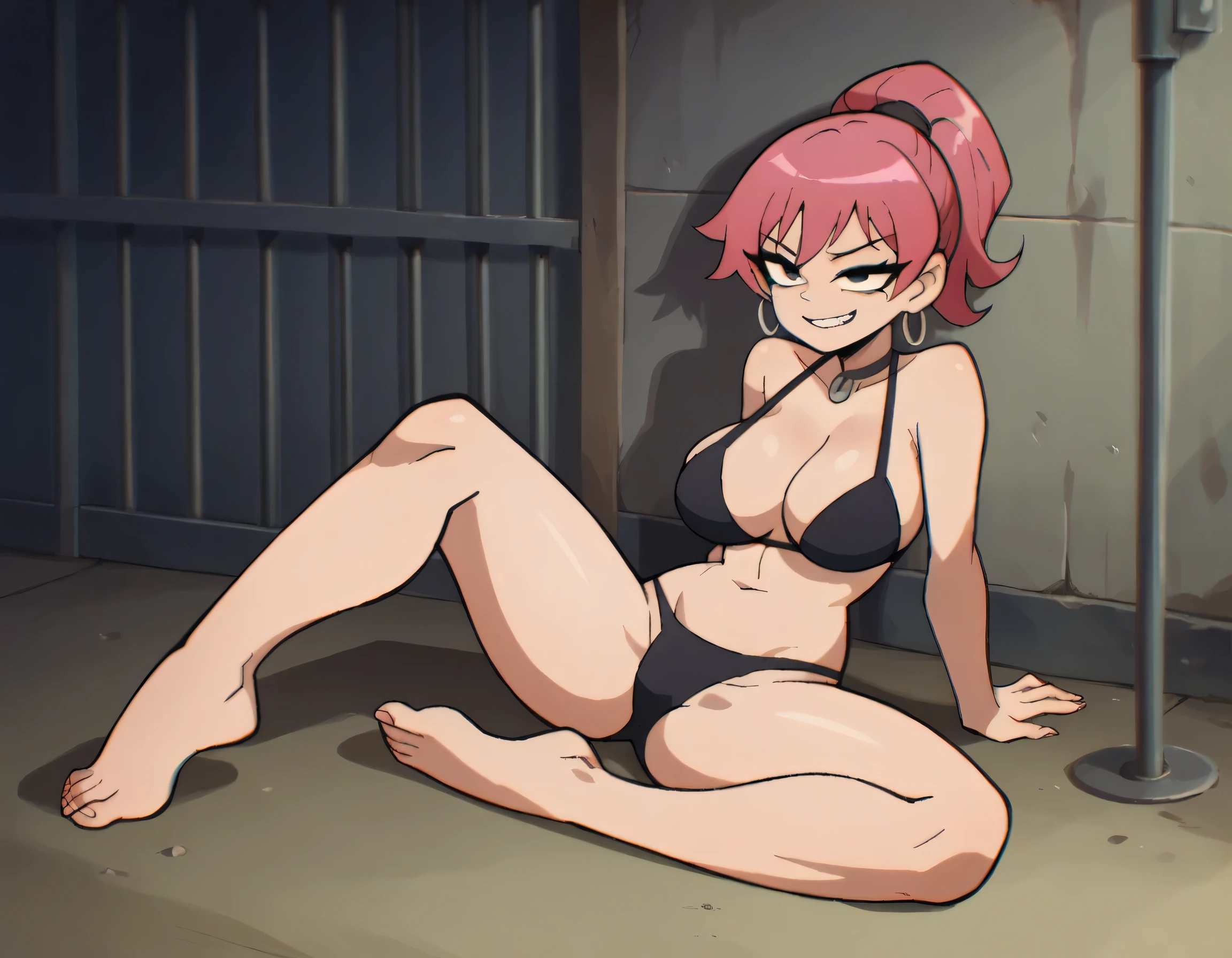 Masterpiece , best quality , Masterpiece , best quality , 1 woman , sly face , Pink ponytail , sly face , smile , black bikini , abdomen , big breasts , Long legs , Barefoot , Sit down on the ground.... , spread your legs , prison cell