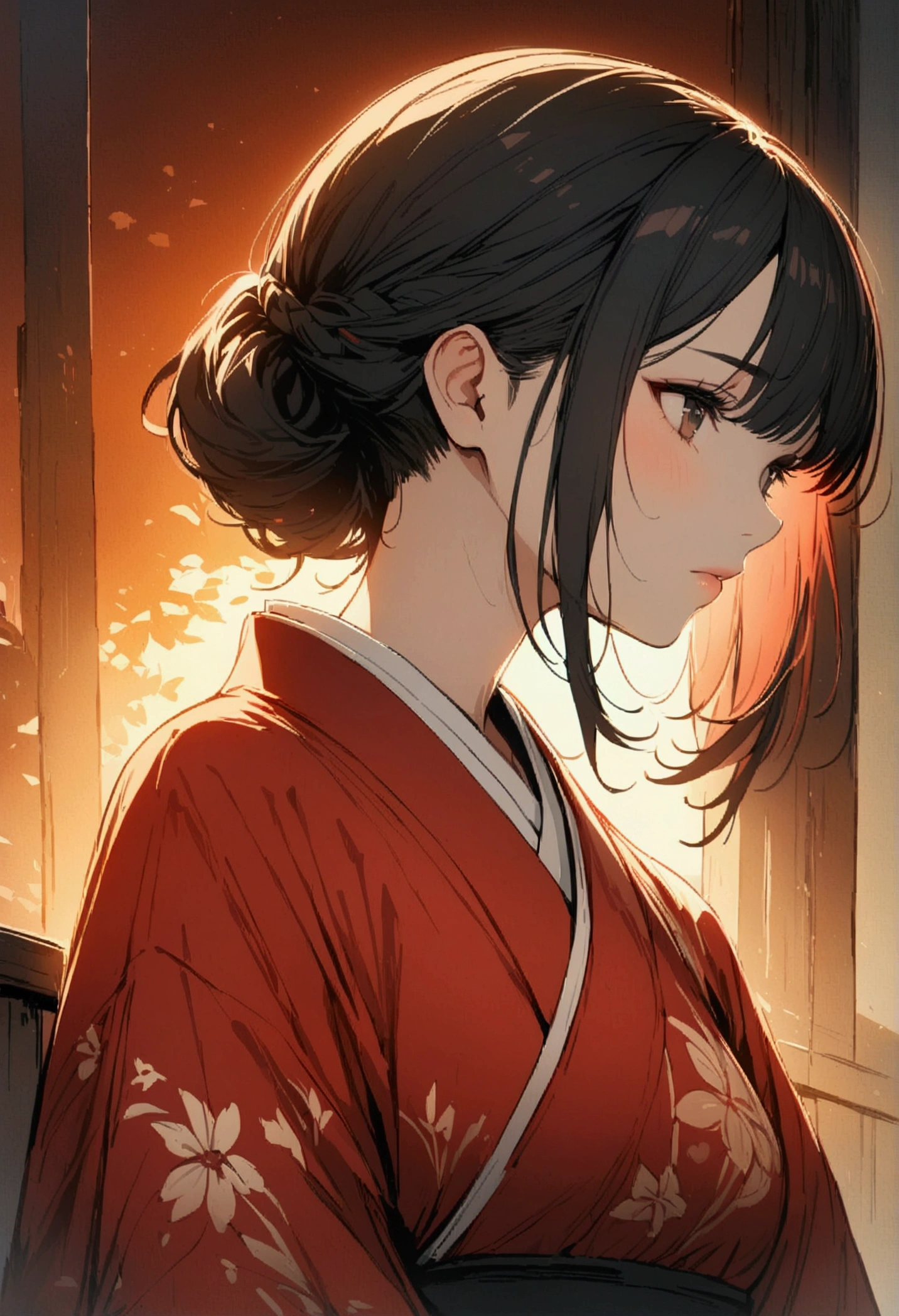 (Detailed and top quality illustrations:1.2), (pretty girl:1.0), (1 girl, alone:1.0), (Black short hair:1.0), (Red kimono:1.0), (Upper Body:1.0), (Very detailed, High resolution, 4K:1.0),