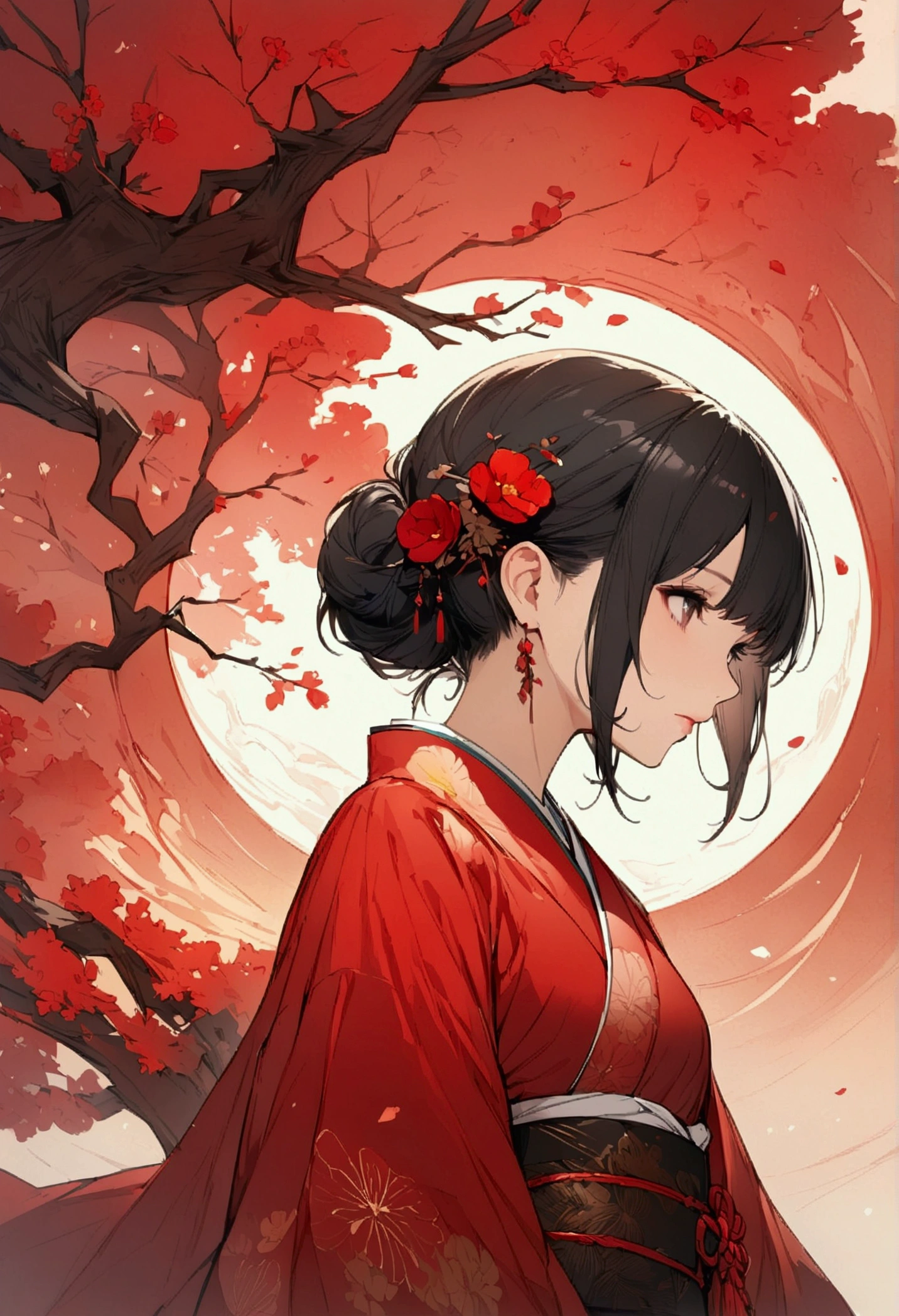 (Detailed and top quality illustrations:1.2), (pretty girl:1.0), (1 girl, alone:1.0), (Black short hair:1.0), (Red kimono:1.0), (Upper Body:1.0), (Very detailed, High resolution, 4K:1.0),