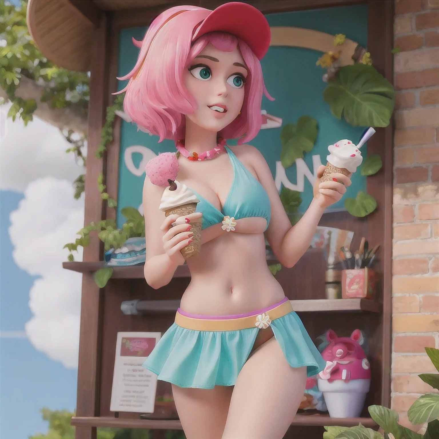 girl in a bikini eating an ice cream cone, eating ice cream, in a bikini, angela white, giorgia meloni, katy perry, in bikini, eating ice - cream, wearing spandex bikini, ice cream on the side, bikini, ice cream, wearing a bikini, candid photo of dirty, shiny plastic bikini, candid shot, cone, 1 girl, solo，in a green dress standing by a wall,portrait of female idol