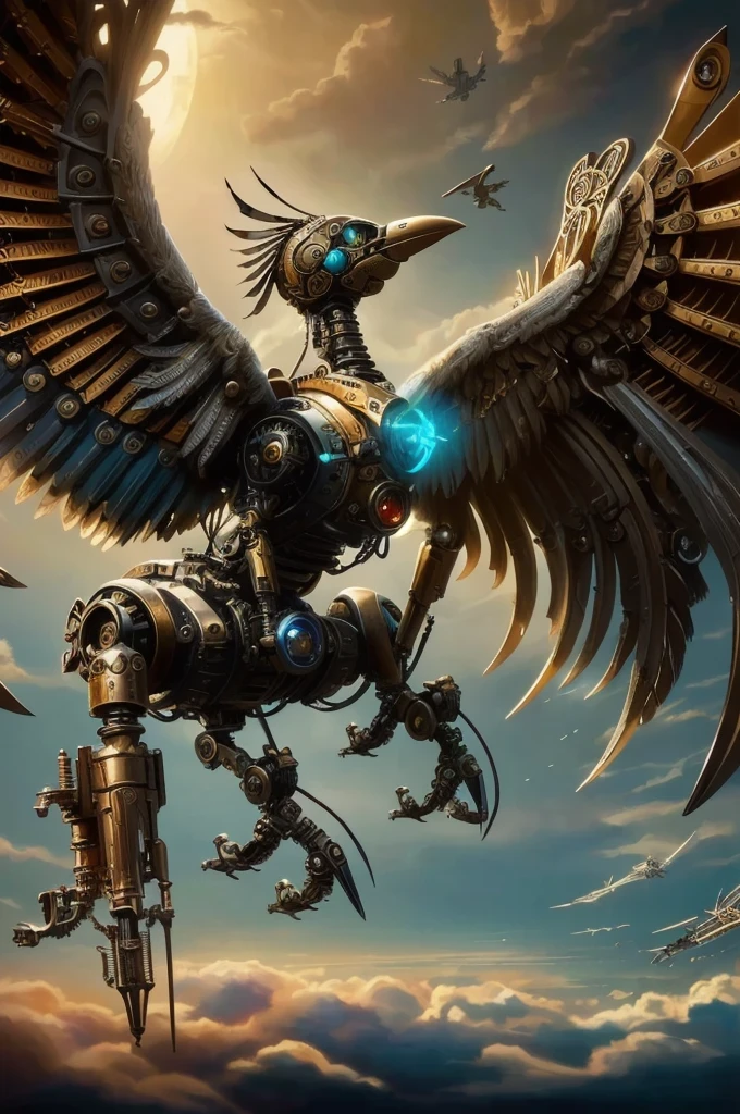 Close-up of a bird flying against the sky, mechanical bird, robot bird, high quality Steampunk Art, Steampunk Digital Art, digital Steampunk Art, Steampunk Fantasy style, Steampunk Art, Detailed steampunk illustration, Inspired by Brian DeSpain, Kaladesh concept art. mechanical, Steampunk Fantasy, mechanical wings, warhammer 4 0k fantasy, Steampunk Robot