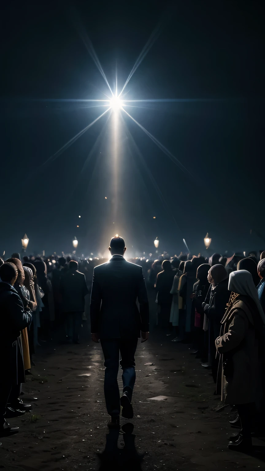 a shining man followed by a light coming from the sky in the midst of several people who are in darkness. These people move away from him as he approaches them.