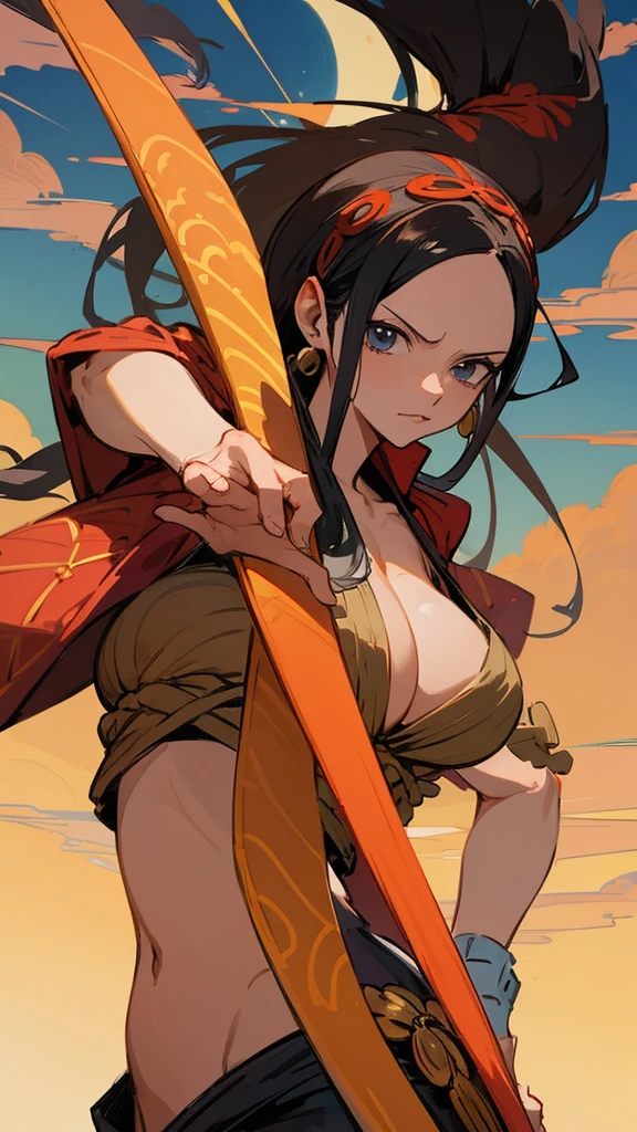 (best quality,4k,8k,highres,masterpiece:1.2),ultra-detailed,(realistic,photorealistic,photo-realistic:1.37),boa hancock in her anime outfit,full pose view,pirate ship,portraits,vivid colors,warm color tone,studio lighting,beautiful detailed eyes,beautiful detailed lips,longeyelashes,anime style,powerful and confident expression,fierce and charismatic gaze,flowing black hair,exquisite gold accessories,elaborate pirate costume,red high-heeled boots,striking and dynamic pose,dynamic wind blowing her hair and clothes,glittering ocean in the background,sparkling sunlight reflecting on the sea surface,bokeh effect adding depth and atmosphere to the scene,illustration style,emphasis on capturing her beauty and strength,sharp focus on her face and figure,attention to realistic proportions and anatomy,subtle shadows and highlights creating a three-dimensional effect.