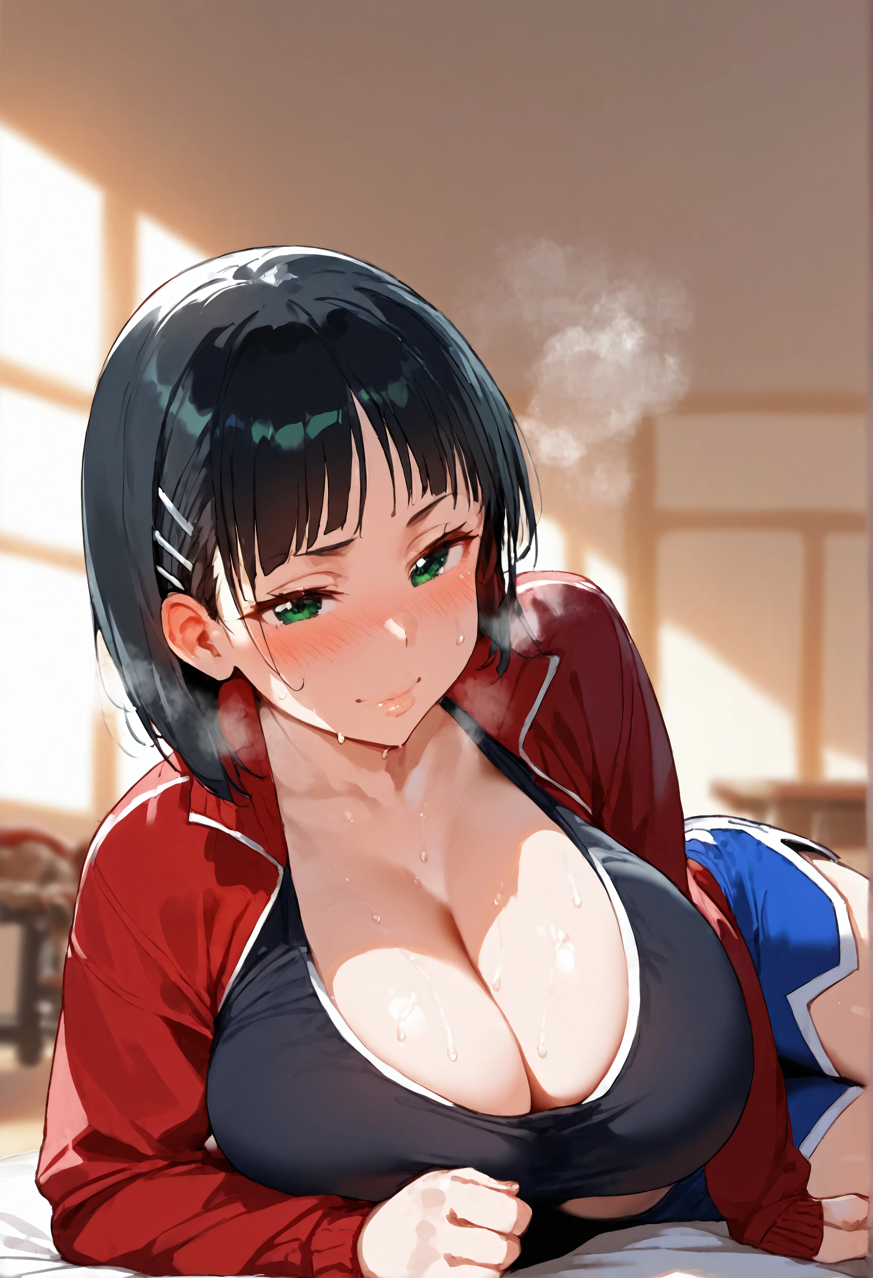 score_9, score_8_up, score_7_up, score_6_up, score_5_up, score_4_up, 1girl, Suguha Kirigaya, short hair, black hair, hair ornament, hairclip, (green eyes:1.3),
BREAK jacket, shorts, short shorts, blue shorts, track jacket, dolphin shorts, gym shorts, (red jacket:1.2), shirt, (black shirt:1.2), huge breasts,large breasts,,,, perfect body,floox style, rating_explicit, floox style, high resolution,,, expressiveh,, perfect anatomy, masterpiece, 独奏, naughty face,,,, , ,, big tits,cleavage,peek Good, detailed eyes, indoors, (lying on side:1.2), close-up,  breasts focus, Good,round breasts,Suguha_Kirigaya,short hair,round breast,(black Good:1.4),sweat,steam,breath,blush