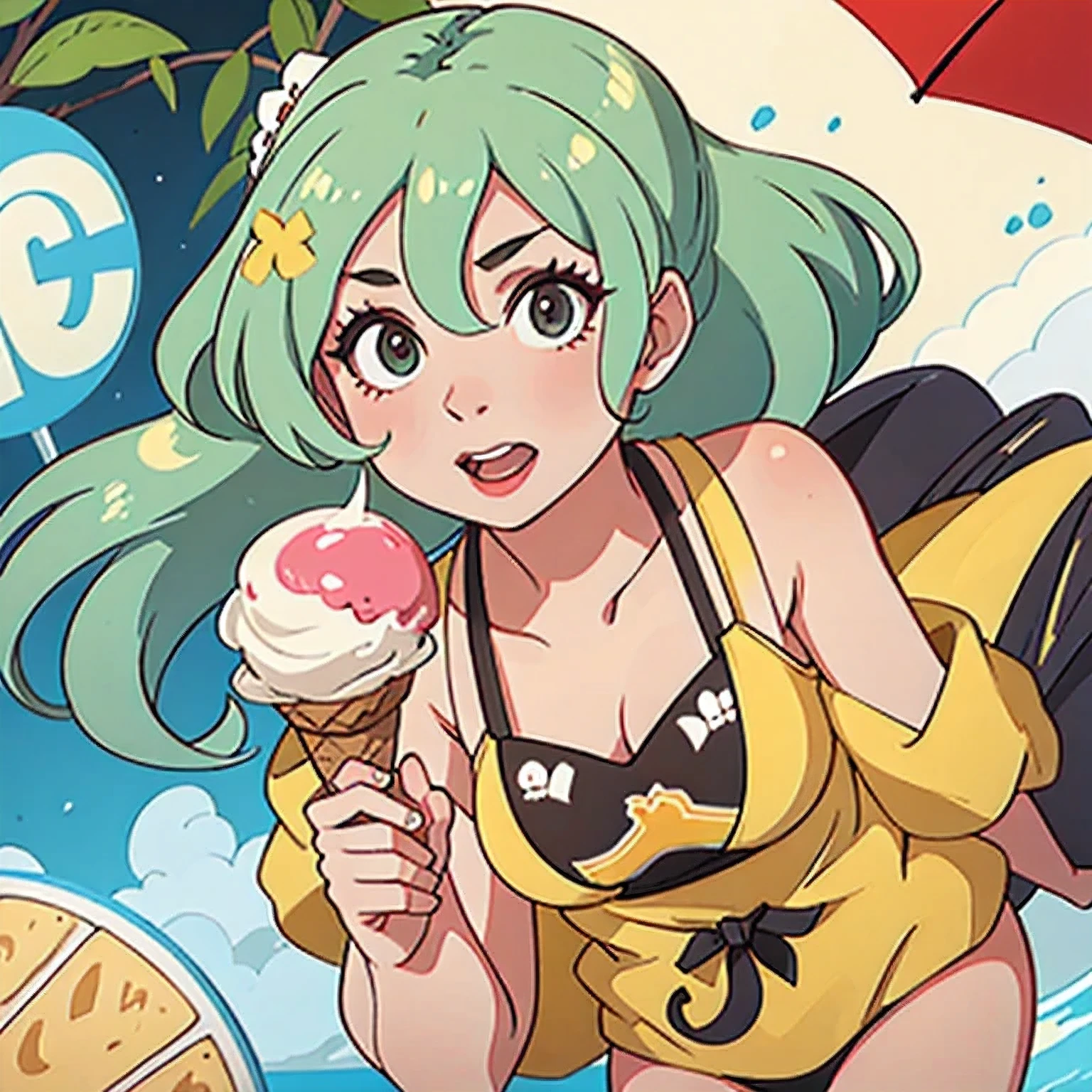 girl in a bikini eating an ice cream cone, eating ice cream, in a bikini, angela white, giorgia meloni, katy perry, in bikini, eating ice - cream, wearing spandex bikini, ice cream on the side, bikini, ice cream, wearing a bikini, candid photo of dirty, shiny plastic bikini, candid shot, cone, 1 girl, solo,in a green dress standing by a wall,portrait of female idol