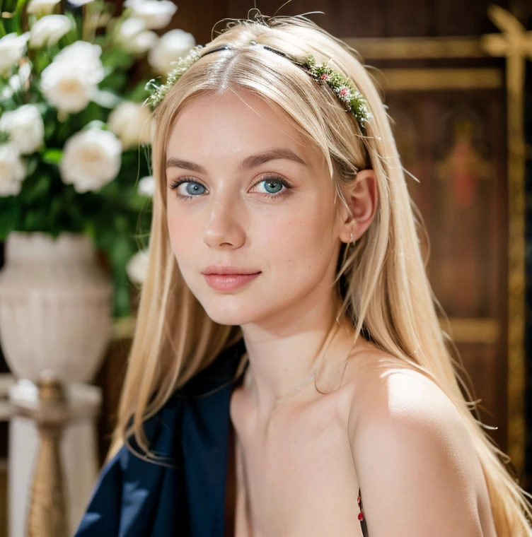 4k best quality, HR photo, Beautiful girl, blue eyes, blonde hair, delicate face, dressed in a nun uniform, sexy pose, flower wreath, in a church, naked breasts, slight smile