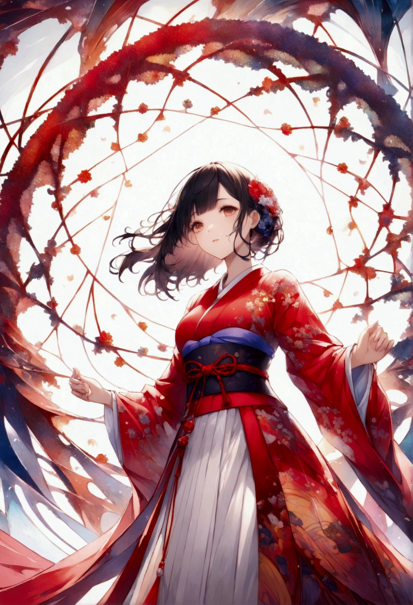 (((White Background、White world)))、14 years、unity 8k wallpaper、Very detailedな、Beautiful, beautiful、masterpiece、Highest quality、(Tangleた、Mandala、Tangle、Tangle)、(Fractal Art:1.3)、One Girl、Beautiful black hair、Japanese、Big pink、Red kimono、Japanese clothing、Very detailed、Dynamic Angle、Cowboy Shot、The most beautiful things come from chaos、elegant、Brutal design、Bright colors、Romance、atmosphere、Ecstasy Note、Streaming music notes are displayed、(((White Background、pure White Background、Red circle)))
