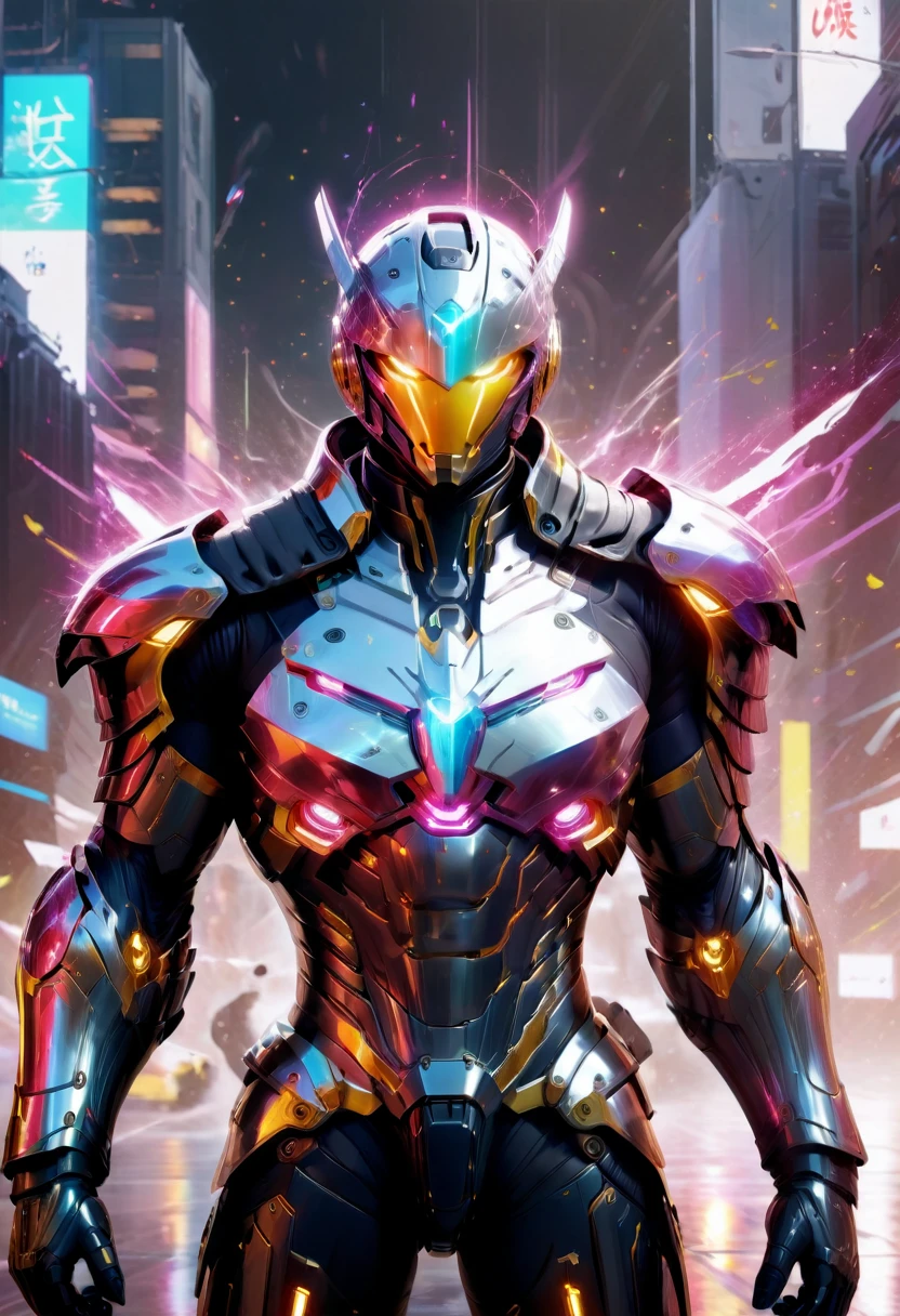 (mid_shot:1.3),(1 male:1.2),(muscle man:1.1),(frontal illumination:1.2),with a silver body and glitters with lights above,extreme iridescent reflection,in the style of vray tracing,vibrantmanga,shiny/ glossy,rococo pastel,fluid form,tinycore,fluid impressions,vray,machine aesthetics,yanjun cheng,silver,shiny eyes,fluidform.,the young warrior,male characteristics, heroic stance,striking contrast,energy crackling,superhuman speed,heroic proportions,red and yellow lightning effects,explosive background,cityscape at night,energetic aura.