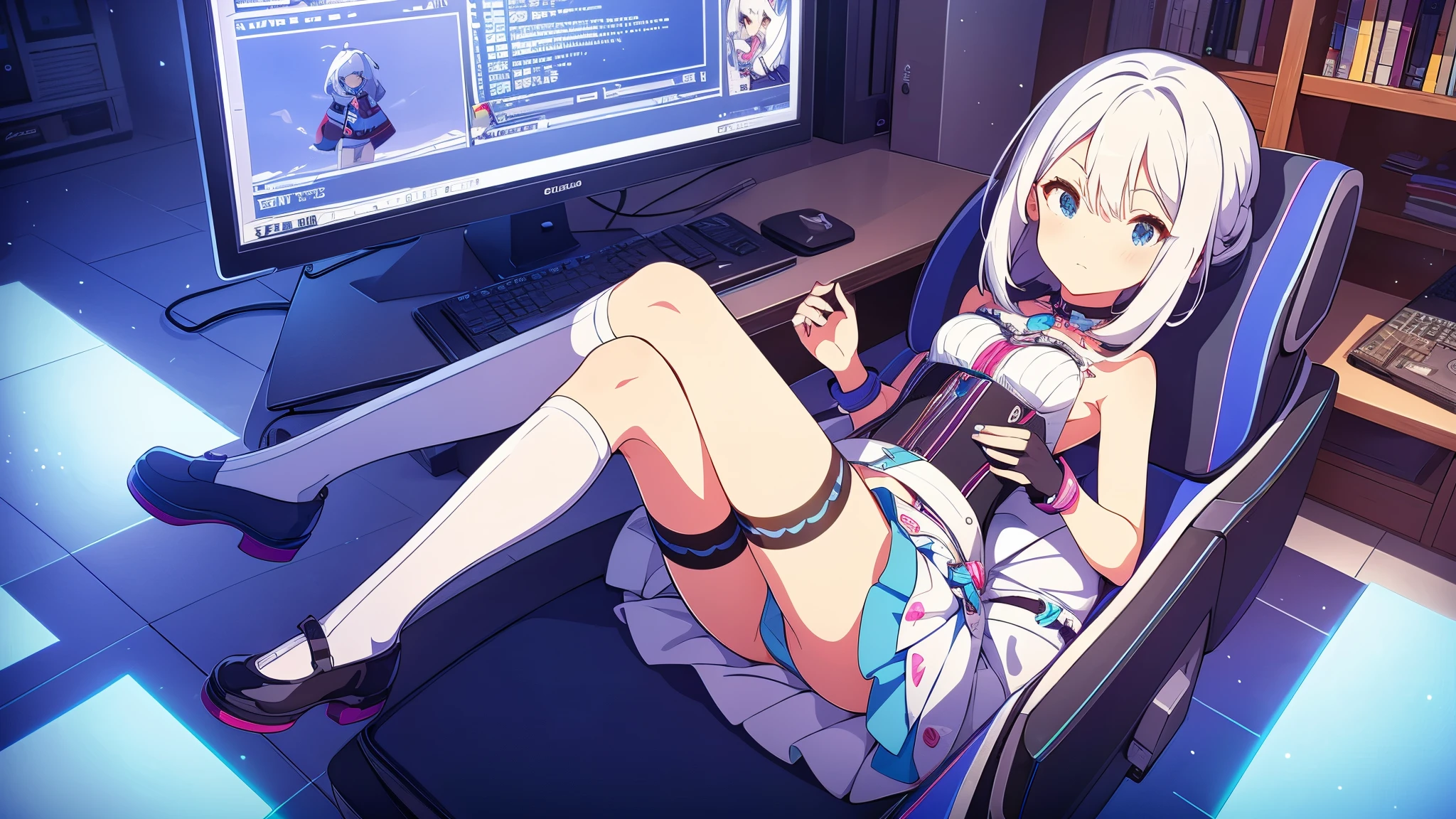 1 beautiful girl excellent quality perfect anatomy vtuber white hair light blue eyes long stockings in the room rgb led pc gaming full body Mini skirt small breasts