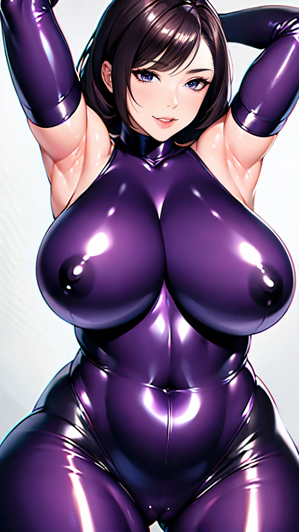 (masterpiece:1.2, Highest quality,High resolution,Very detailed),8k,wallpaper,(1 female:1.6),Mature Woman,Big Breasts,Thick thighs,Beautiful Face,Detailed face,Long eyelashes,Droopy eyes,Beautiful Eyes,((Dreamy look)),(Very shiny purple latex bodysuit:1.6),(Detailed hands),(Hand,detailed,perfect,perfection,hands),(front:1.6),(armpits:1.6),(Cowboy Shot),(((White background:1.6)))