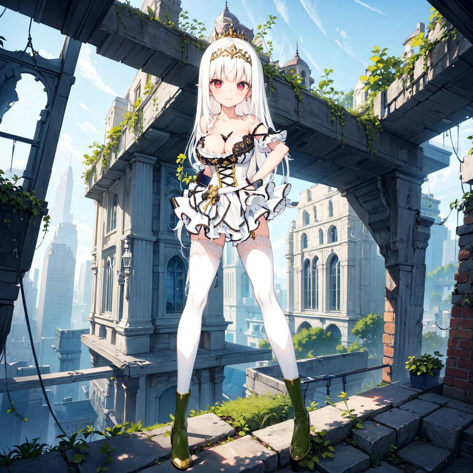 solo, standing skinny girl, long white hair, (white frilled white dress), (very short dress), (white frilled white tops), sheer dress, bared shoulders, too tight corset, white thighhighs, white thigh strap, BREAK, red eyes, BREAK, golden tiaras, carrying a saber at her waist, BREAK, (show off large perky breasts), cleavage, collarbone, BREAK, skinny long legs, show off thigh gap, hand on hip, BREAK, smile for viewer, (nsfw:1), slipping vagina, (slipping areolae:1.2)