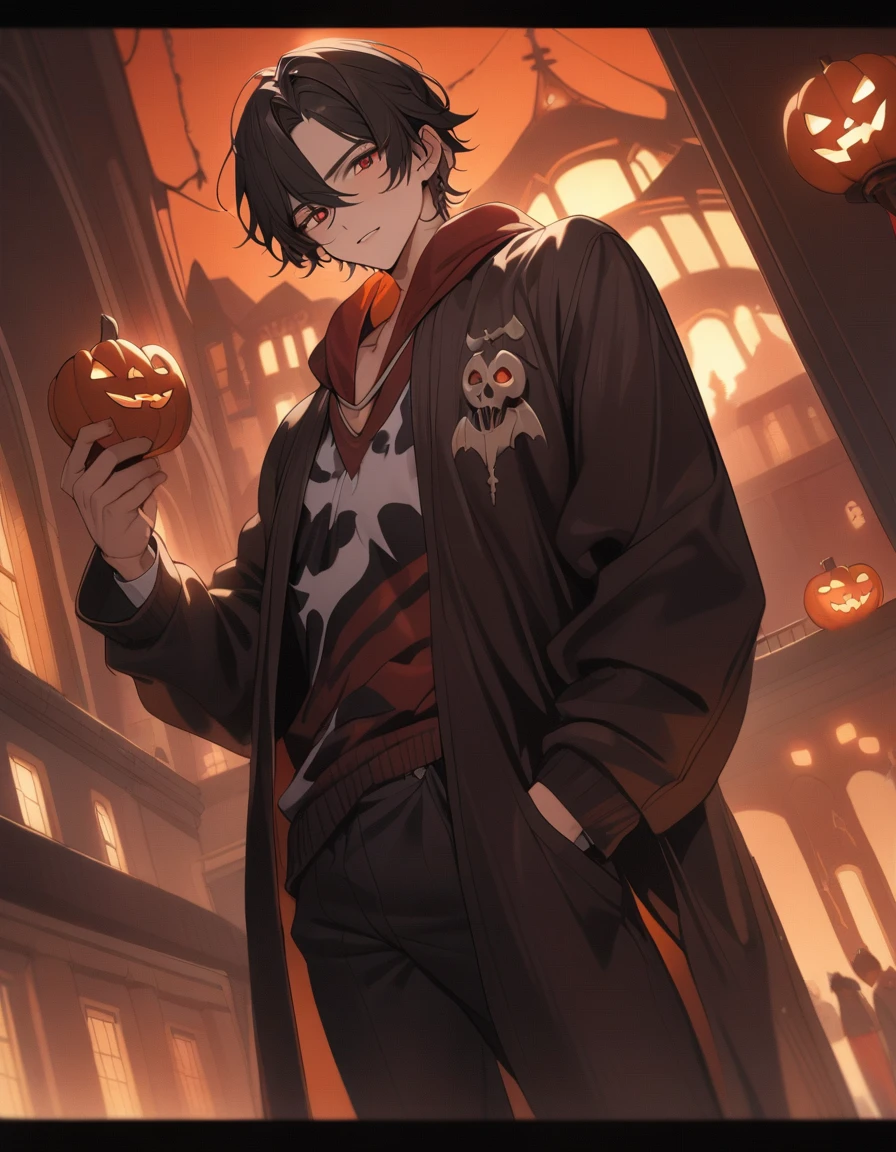 1male, (perfect quality), ultra-detailed, reddish amber eyes, longer dark black hair with deep reddish streaks, late s, Halloween prop in hand, cinematic angle, dark, Halloween decorated university background, masterpiece, best quality