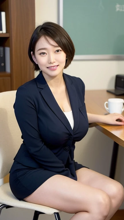 Browsing Caution,(1 female),beauty,Beautiful Face,smile,(office lady suit:1.2),(Open-chested clothing:1.2,shirt:1.2,Navy blue mini skirt 1.2)A dignified appearance,Plump Style,(Big Breasts:1.3)、(If you look at this、Front view),((Shiny skin 1.5)),Ultra-realistic,Ultra-high resolution,Highest quality,8k,masterpiece,(Random Time,office)、The cutest Yoshioka Riho,(Short Bob Hair:1.3),(Thighs:1.2),(Sweaty chest:1.2),(Sitting on a chair pose:1.4),,