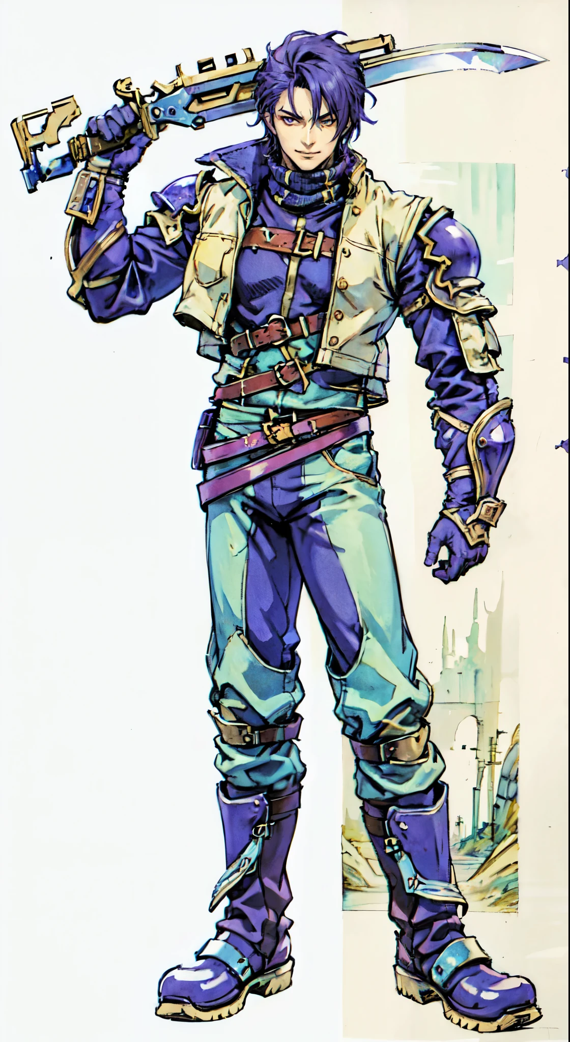 (masterpiece:1.2, best quality:1.2, extremely delicate:1.2), ((male:1.5)), a young man with short blue-purple hair, side-swept bangs covering one eye, a confident expression, a scar on the bridge of his nose, a slight smile on his lips, a dark green scarf around his neck, a fantasy-reality style rogue outfit, an open dark short vest, a layered futuristic tight armor underneath that emits a silver-blue glow, small fitted shoulder armor, matching arm guards and shin guards, a two-piece leather belt at his waist, layered canvas trousers, tall boots, he holds a serrated blade horizontally behind him with his raised right hand, standing imposingly on a windy and sandy hillside, this character embodies a finely crafted fantasy-reality-style rogue in anime style, exquisite and mature manga art style, dramatic, high definition, highres, ultra-detailed, ultra-fine painting, professional, perfect body proportions, golden ratio, anatomically correct, symmetrical face, extremely detailed eyes and face, high quality eyes, creativity, RAW photo, UHD, 32k, Natural light, cinematic lighting, (masterpiece-anatomy-perfect:1.2)