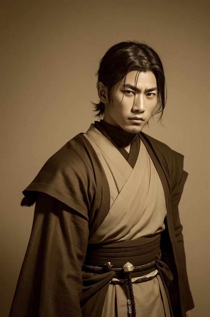 Cool man samurai sepia front view with a scratch on his eyebrow
