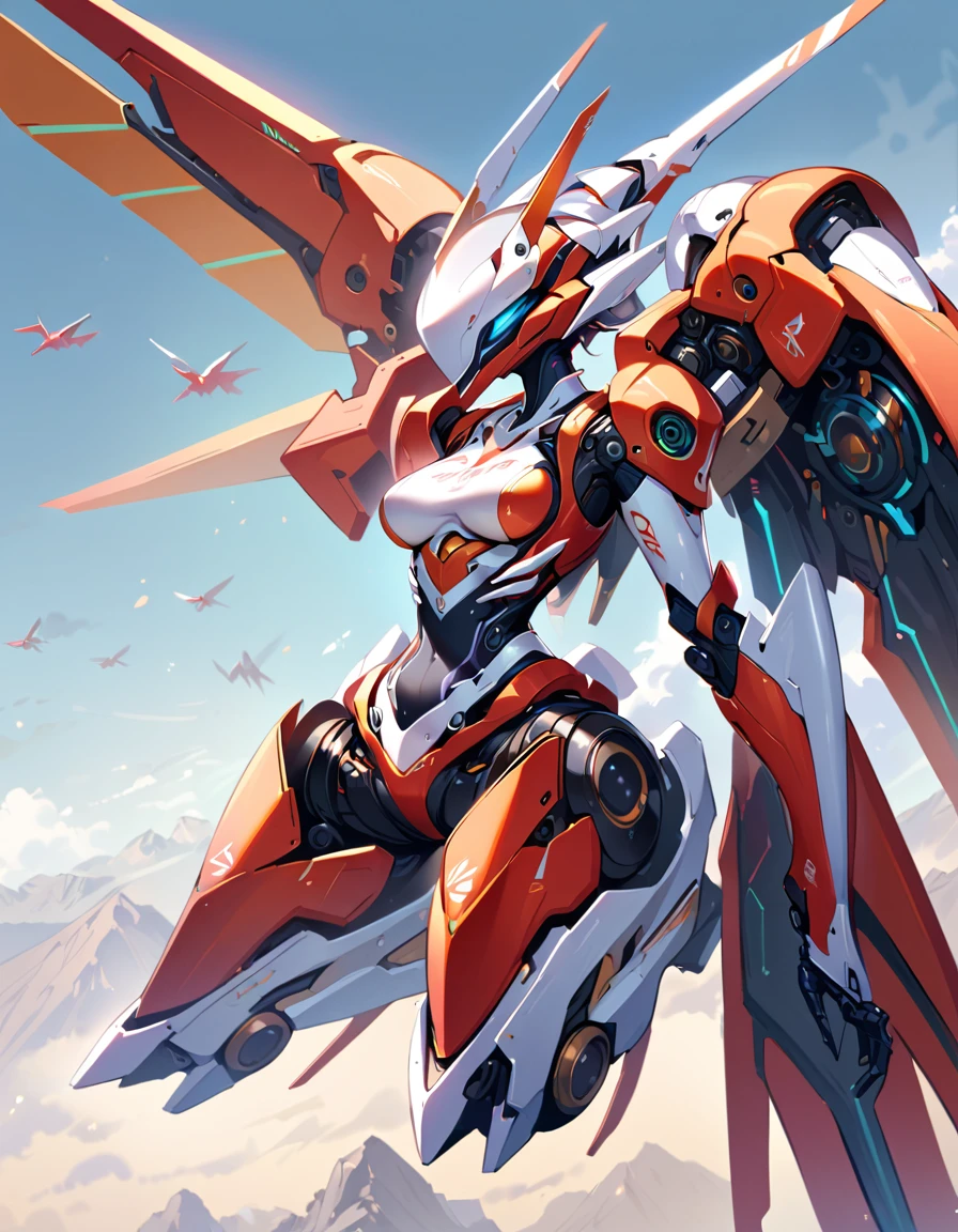 Mechanobiology:1.5,(Highest quality,Extremely detailed depiction,Incredibly absurd high resolution,Anatomically accurate depiction),Female type,Highly precise machine,White futuristic exoskeleton,Mechanical wings,Mechanical thrusters,Flying in the sky,