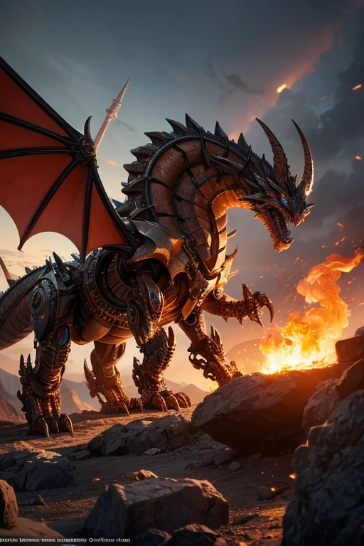 Mechanical dragon creature, gears, wires, metal plating, clock gears, electric wires, mechanical limbs, mechanical wings, detailed face features, bronze light eyes, copper tubing, fire breathing, steam powered, photorealistic, 8k, high resolution,