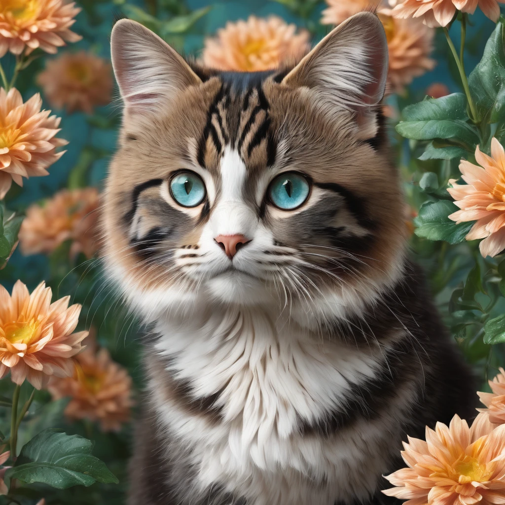 (best quality,4K,8K,highres,masterpiece:1.2),Ultra-detail,(realisti,photorealisti,photo-realisti:1.37),Illustration,animal,Standing position from the front,blue,grau,brown,bright green eyes,floral background