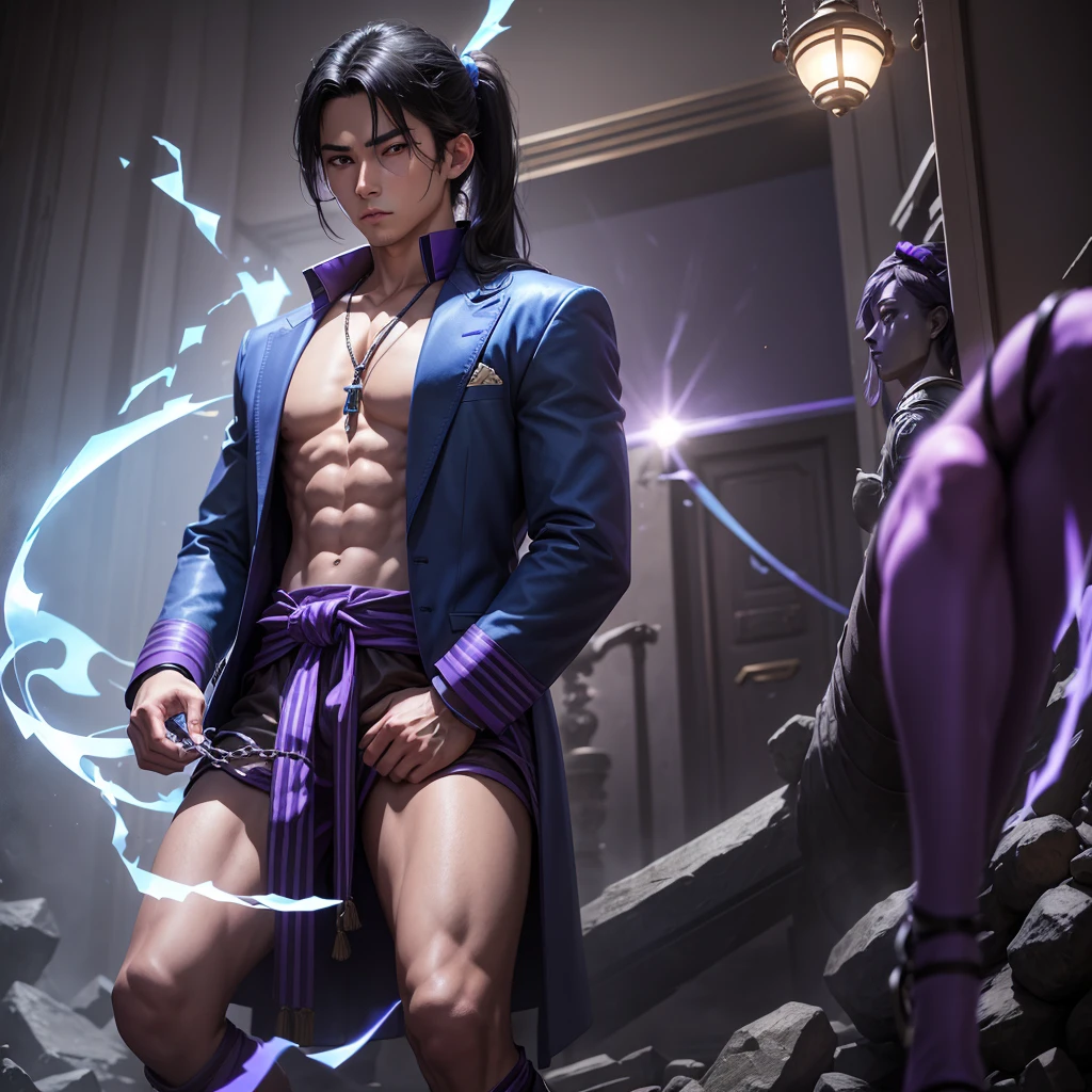 male character, young asian, dark-haired, with a long ponytail bright blue eyes. wearing purple and blue clothes. with blue and purple striped coat. with hair accessories. chained on his knees at the feet of a statue, in a hall lit by a lilac light. with remains of machines, precious stones around