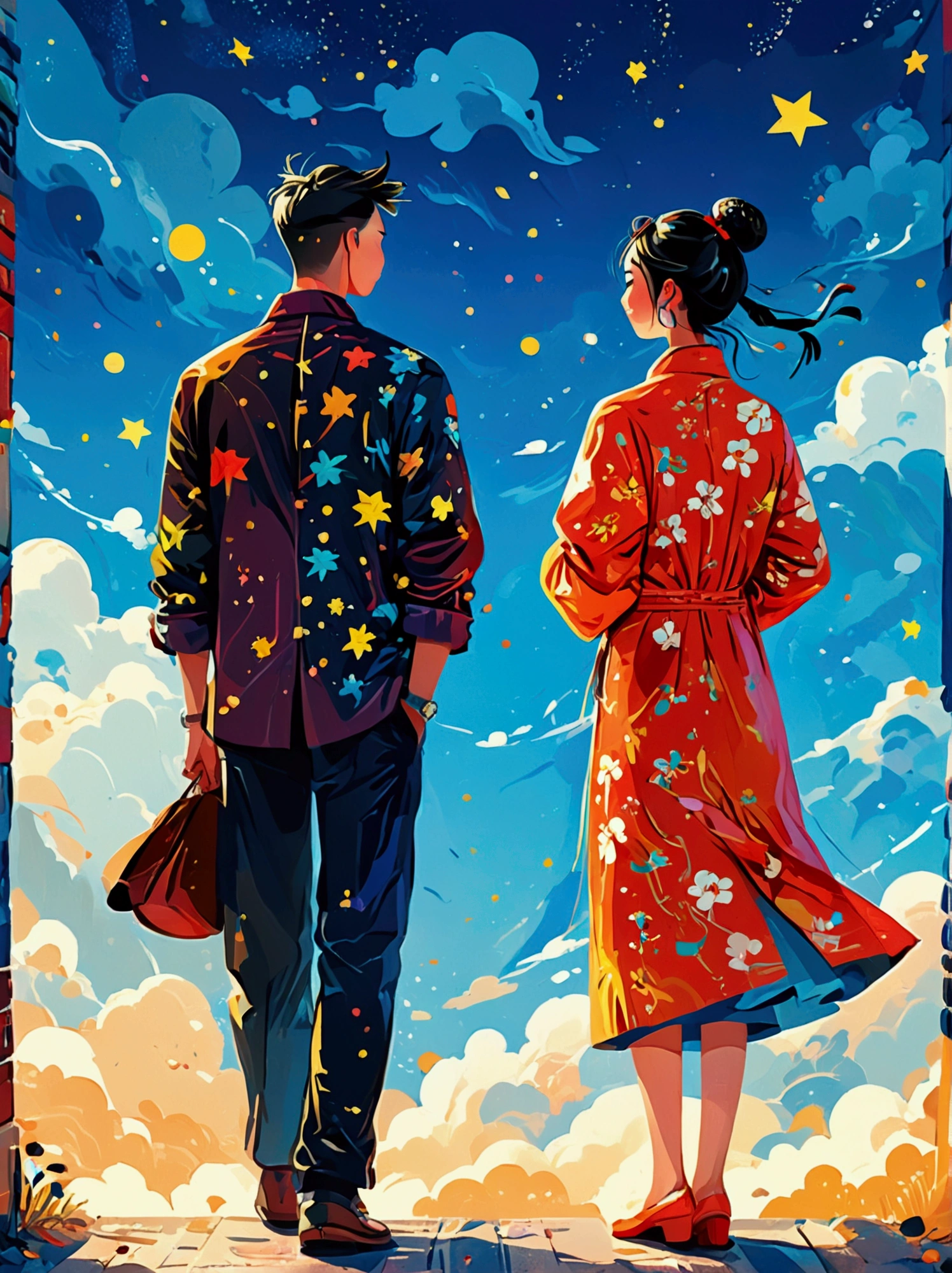 (8k，Bright colors，Bright，Ultra high saturation，rgb, Colorful), Cartoon, Character Design, Surreal photos，Matt Boles&#39; comics，Simple，clean，soft，Exquisite，Summer Night，The deep blue sky is dotted with stars，A couple taking photos close up，Many pedestrians around，The background is the city landmark Beijing，full of romantic atmosphere，Detailed clouds and sky，Sense of space，White space，interesting，Innocence，Psychedelic Art，可爱的Q版Cartoon风格，Simple的背景，Colorful illustrations, Bright colors, Full body image, HD, High-resolution images in a Q-version style, Vector illustration, vivid color, Colorful whimsy, Angle from above, Chinese traditional minimalism 