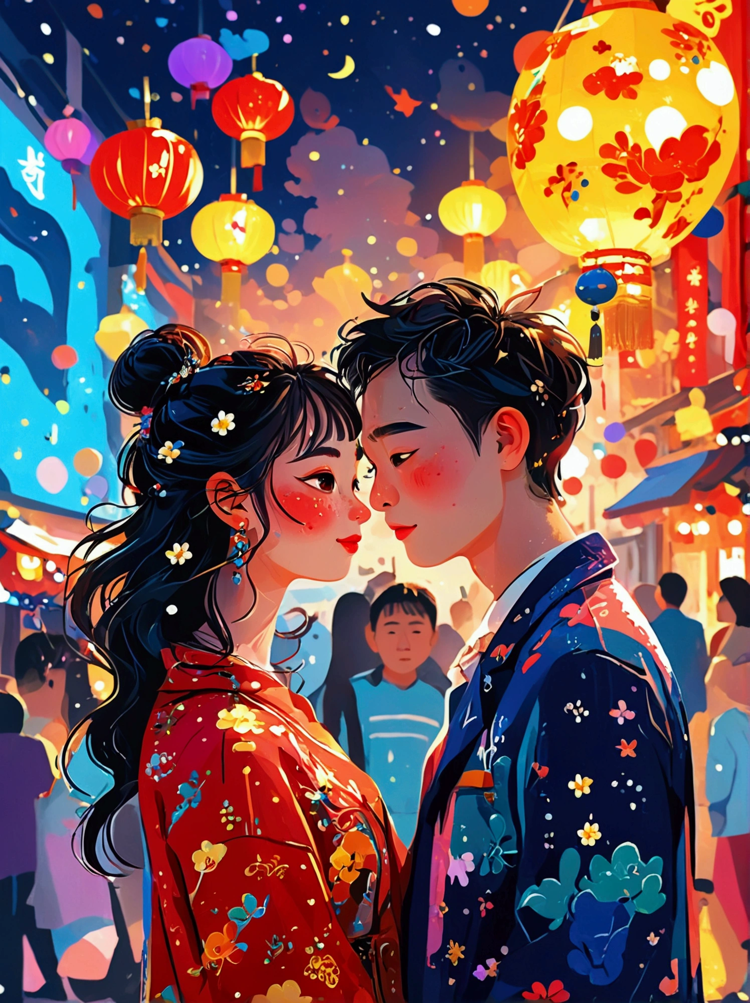 (8k，Bright colors，Bright，Ultra high saturation，rgb, Colorful), Cartoon, Character Design, Surreal photos，Matt Boles&#39; comics，Simple，clean，soft，Exquisite，Summer Night，The deep blue sky is dotted with stars，A couple taking photos close up，Many pedestrians around，The background is the city landmark Beijing，full of romantic atmosphere，Detailed clouds and sky，Sense of space，White space，interesting，Innocence，Psychedelic Art，可爱的Q版Cartoon风格，Simple的背景，Colorful illustrations, Bright colors, Full body image, HD, High-resolution images in a Q-version style, Vector illustration, vivid color, Colorful whimsy, Angle from above, Chinese traditional minimalism 