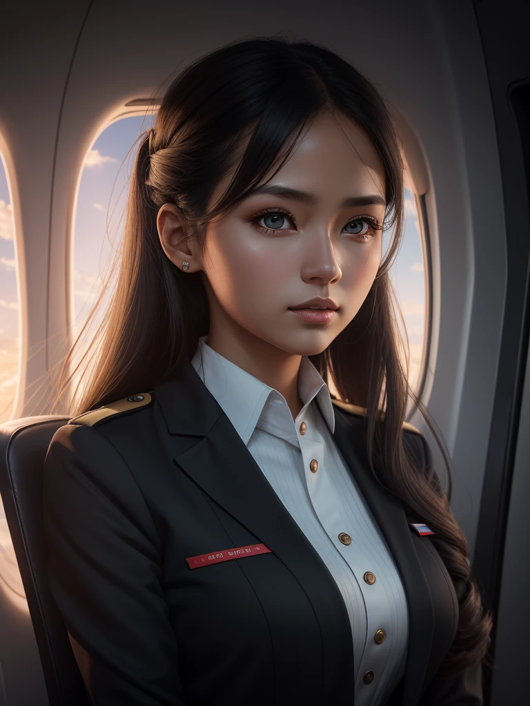 Ultra HDR 16K , masterpiece , young woman , Stewardess , longye hair , in stewardess clothes, dark theme soft tones soft colors ,hight contrast ,(natural skin texture, Hyper-Realism,Crisp soft light ) background red , airplane background