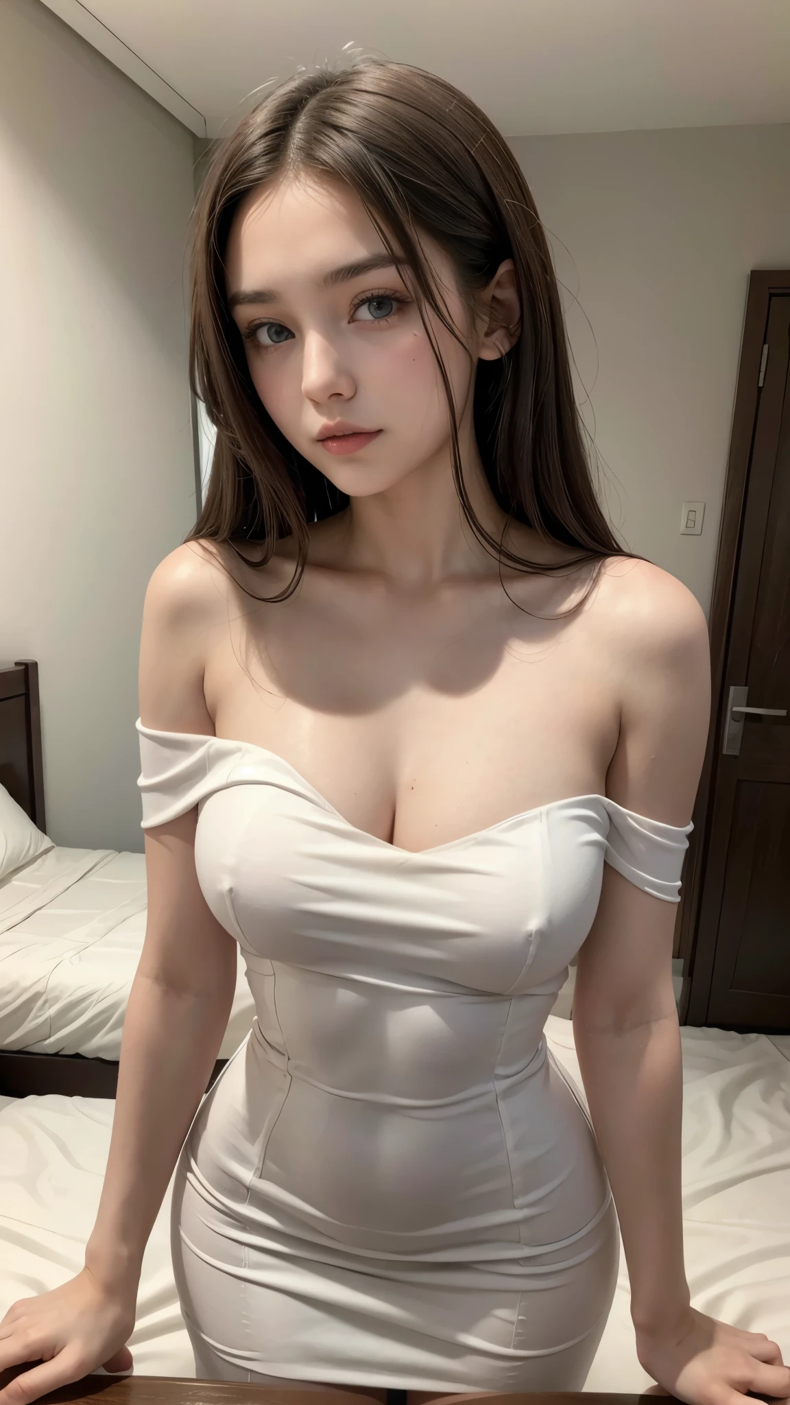 Beautiful 20-year-old brunette girl wearing sexy one-shoulder bodycon dress