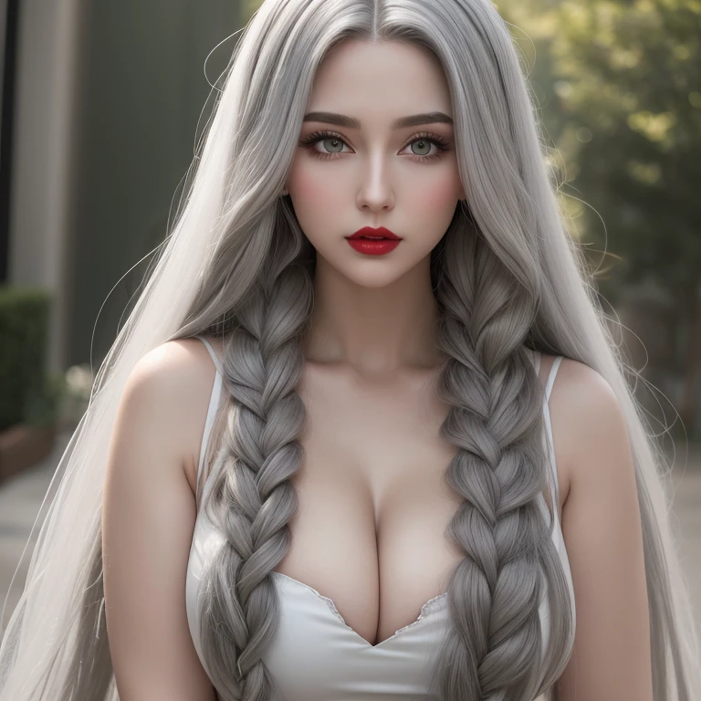 Adult female,Perfect face, red lips, green eyes, woman with long gray hair with very long gray hair, super long gray hair with very super long gray hair, plaits hairstyles, curvy body, bigger chest,big body , huge body,wearing wedding dress, full body suit, perfect body, perfect woman body,high quality, cinematic lighting