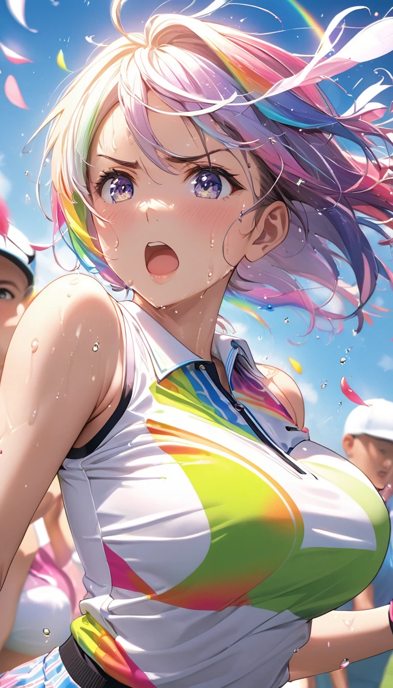 (Sports magazine cover photo), Highest quality, Great quality, 16K, Unbelievably absurd, Very detailed, delicate and dynamic, Natural light, The particles reflect light, Diffuse reflection of light, Many rainbow-colored petals fall, Beautiful field, Sparkling Sun, Diffuse reflection of light, Create amazing image effects, , Wet, sweating, golf, Hitting a Golf Ball, Close-up(Cute sexy girl, big bouncing busts, Sensual expression, Cool girl, Serious, passion, Dynamic, Flashy golf wear, ,audience , much-air-laden cheer)