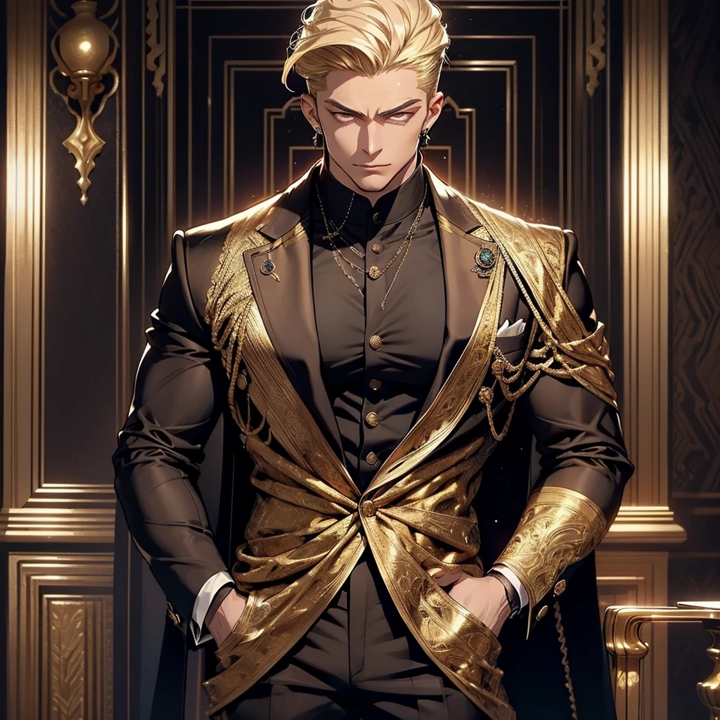 Masculine man with well-defined large and muscular body short blonde hair golden eyes wearing black very revealing dress suit full body character sexy face attractive very masculine. It is located inside a large luxury palace