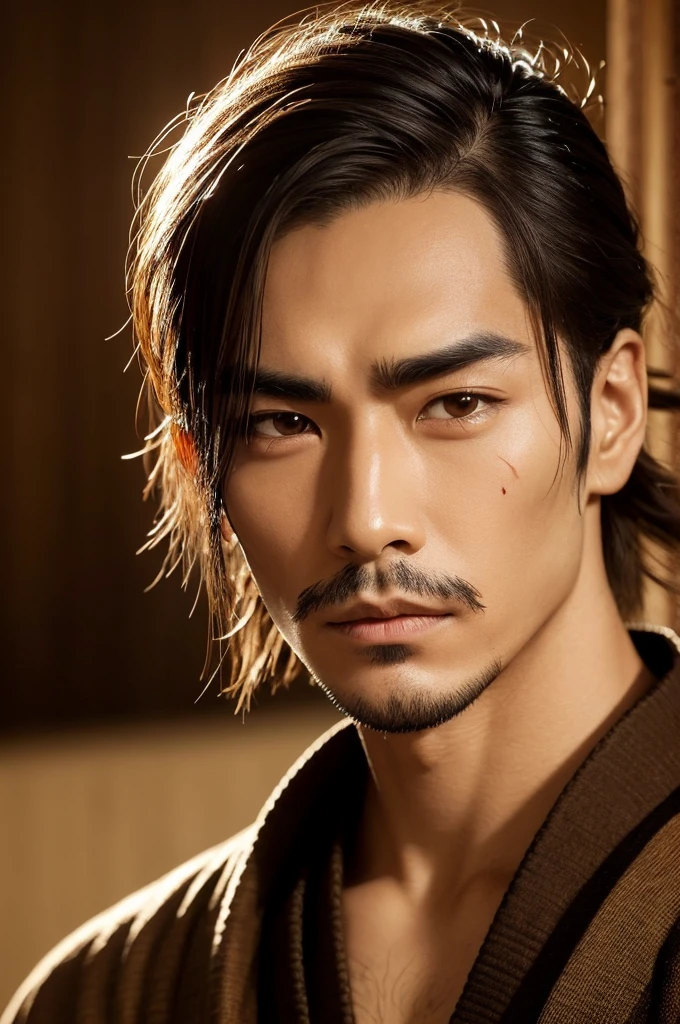 Cool male samurai sepia face with a scar on his eyebrow