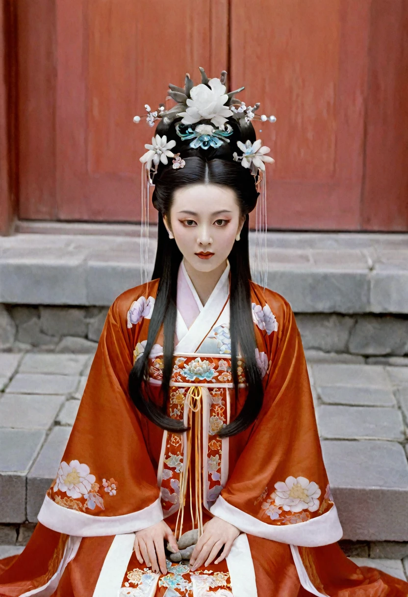 Qing Dynasty Empress in Chinese Imperial Court Playing with her pubic hair Qing Dynasty Empress Chinese Empress Wearing a Large Crown Her hair is decorated with a large flower and a large crown
Her hair is tied up and pulled up. The background is the stone paving outside the Qing Dynasty.
