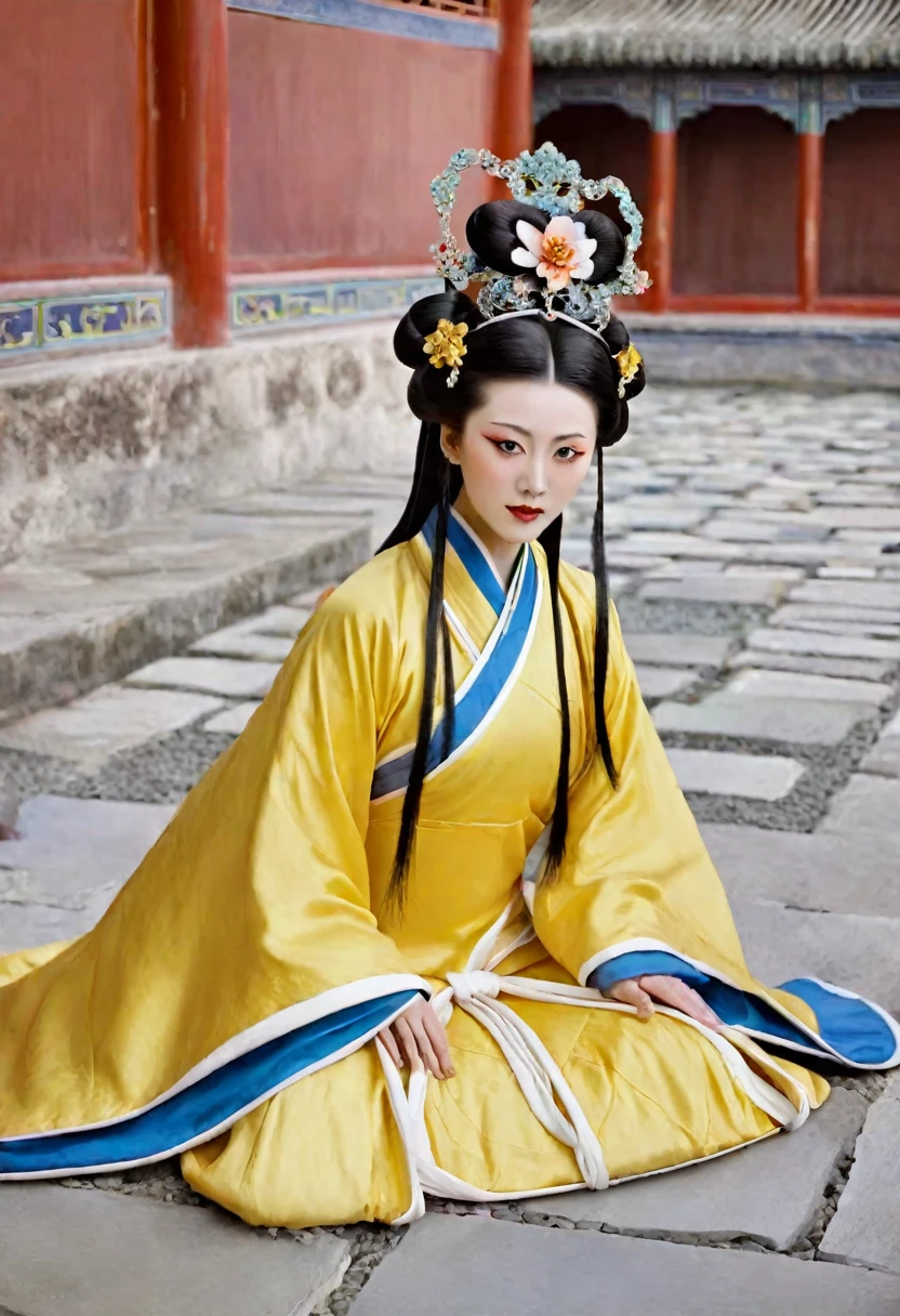  Qing Dynasty Empress in Chinese Imperial Court Playing with her pubic hair Qing Dynasty Empress Chinese Empress Wearing a Large Crown Her hair is decorated with a large flower and a large crown　
Her hair is tied up and pulled up. The background is the stone paving outside the Qing Dynasty.
