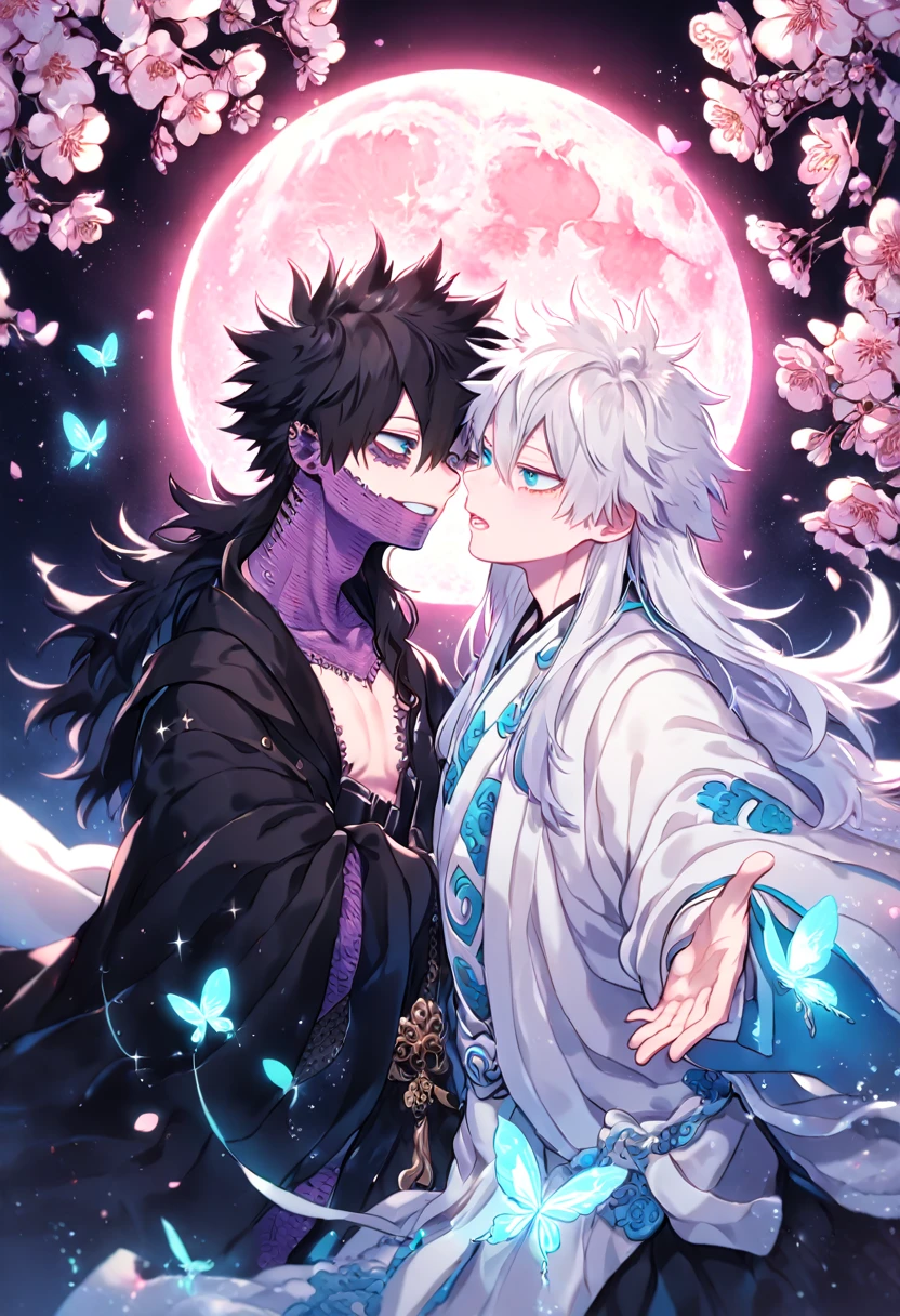 absurdres, highres, ultra detailed, HDR, master piece, best quality, extremely detailed face, delicated features, Dabi, black hair, long hair, expressive turquoise eyes, Boku No Hero Academia, Gojou Satoru, white hair, long hair, expressive blue eyes, two sexy men together, gay couple, yaoi, handsome, white cape, black robes, white robes, accessories, patterns, fantasy, magical, radiant, pink butterflies, pink flowers, night sky, shinning pink moon, blossoms, Thousand Years War